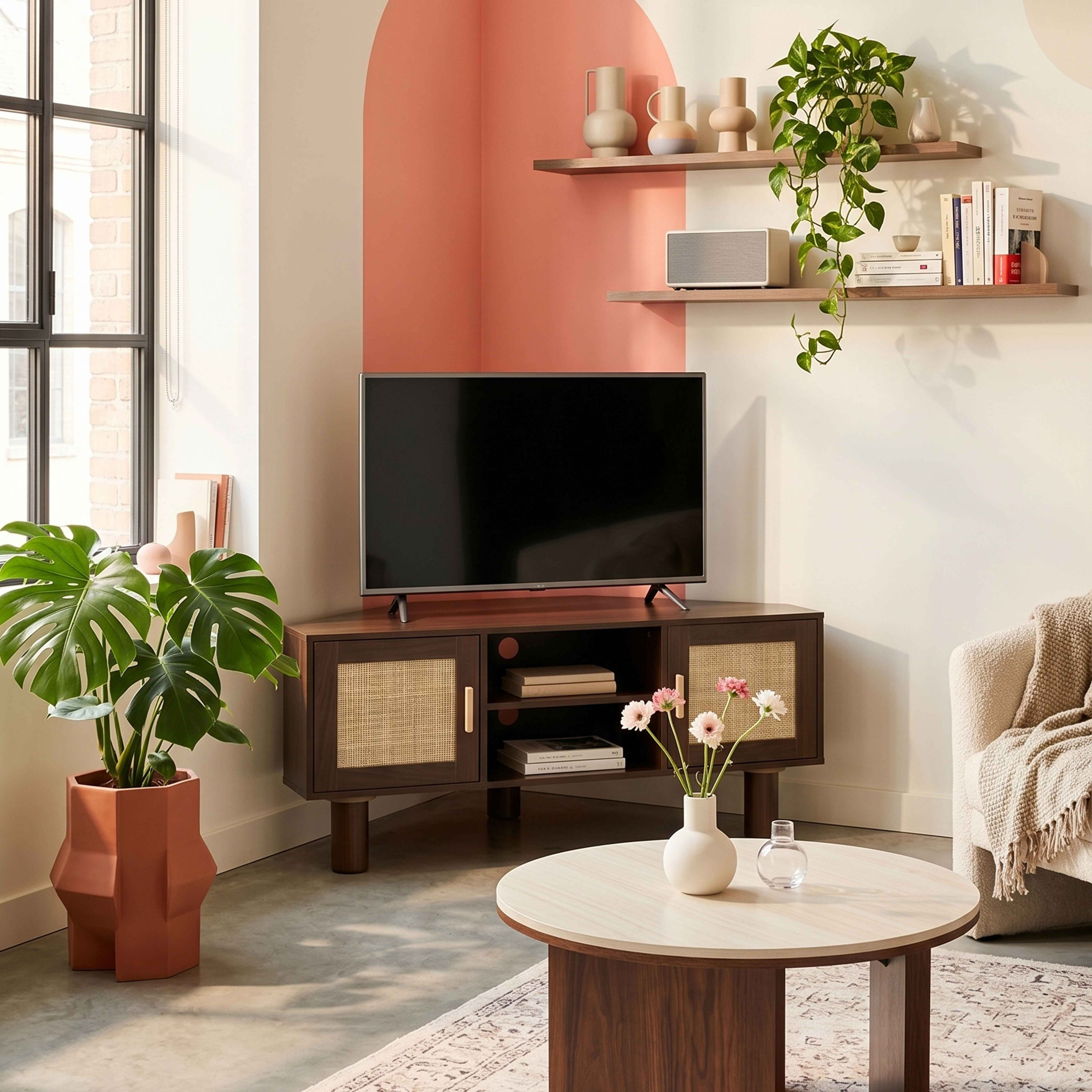 Ein Wohnzimmer mit Fernseher, Couchtisch und Pflanzen.