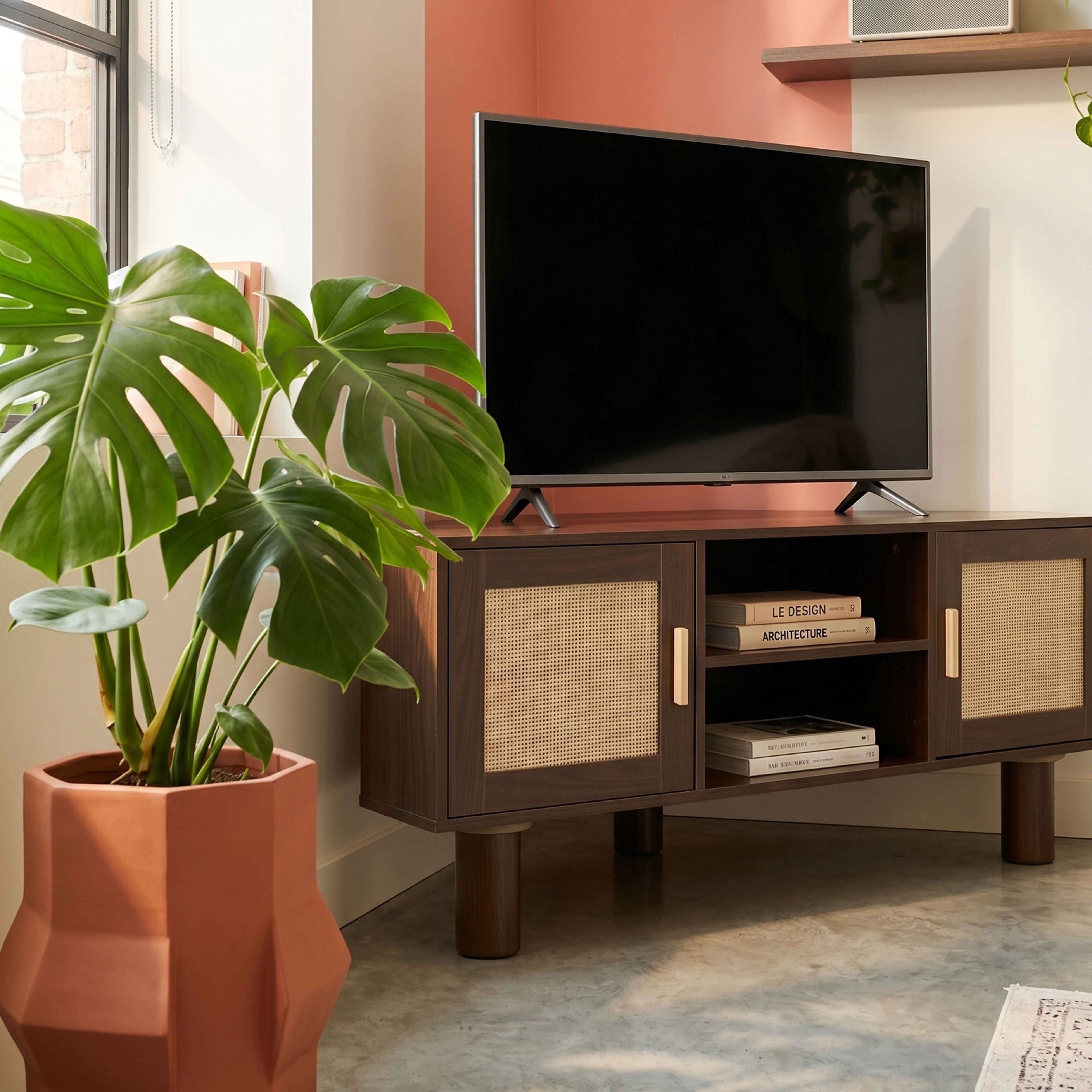Ein TV-Schrank aus dunklem Holz mit Rattan-Türen, daneben eine Monstera-Pflanze.