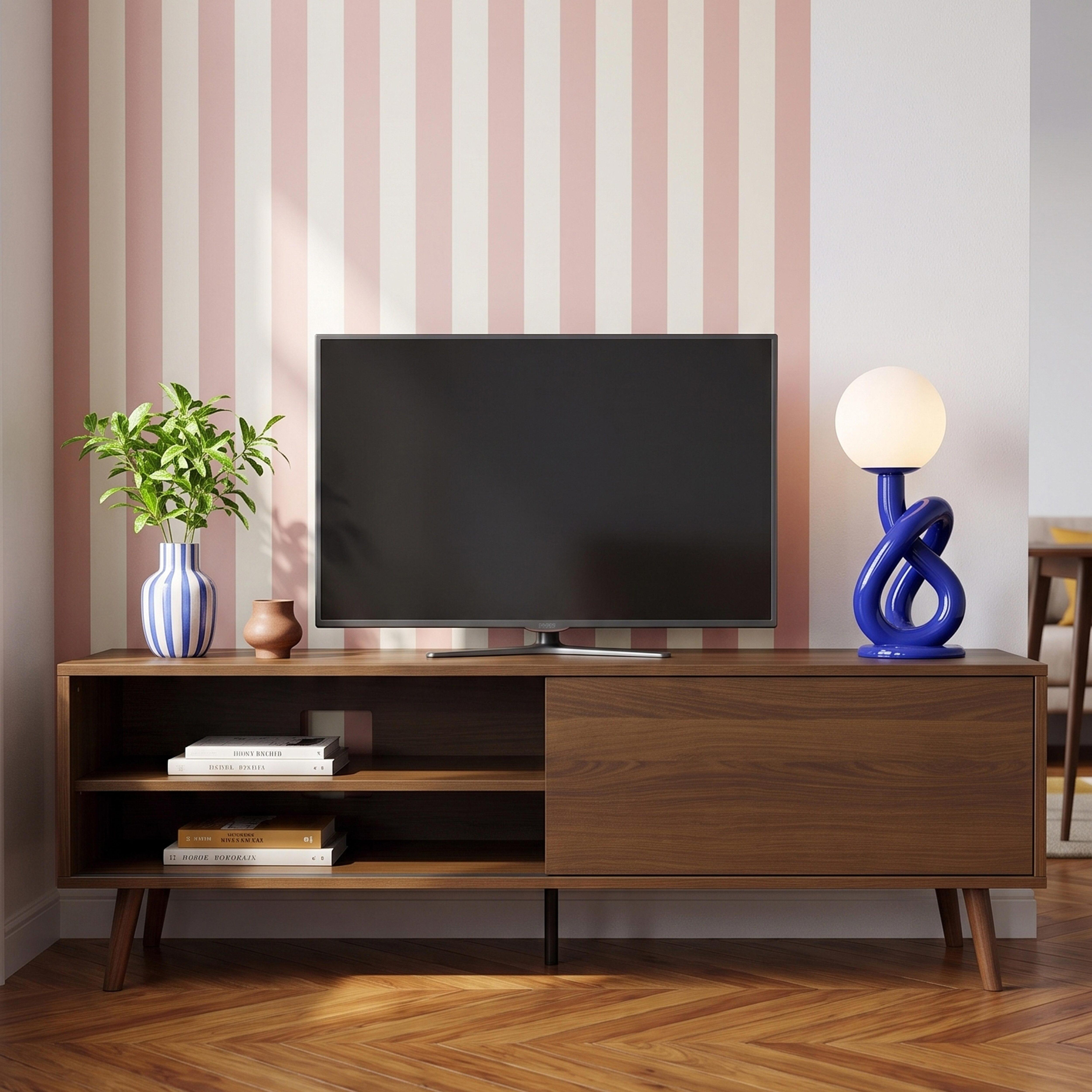 Ein braunes Sideboard mit einem Fernseher, einer Lampe, einer Vase und Büchern.