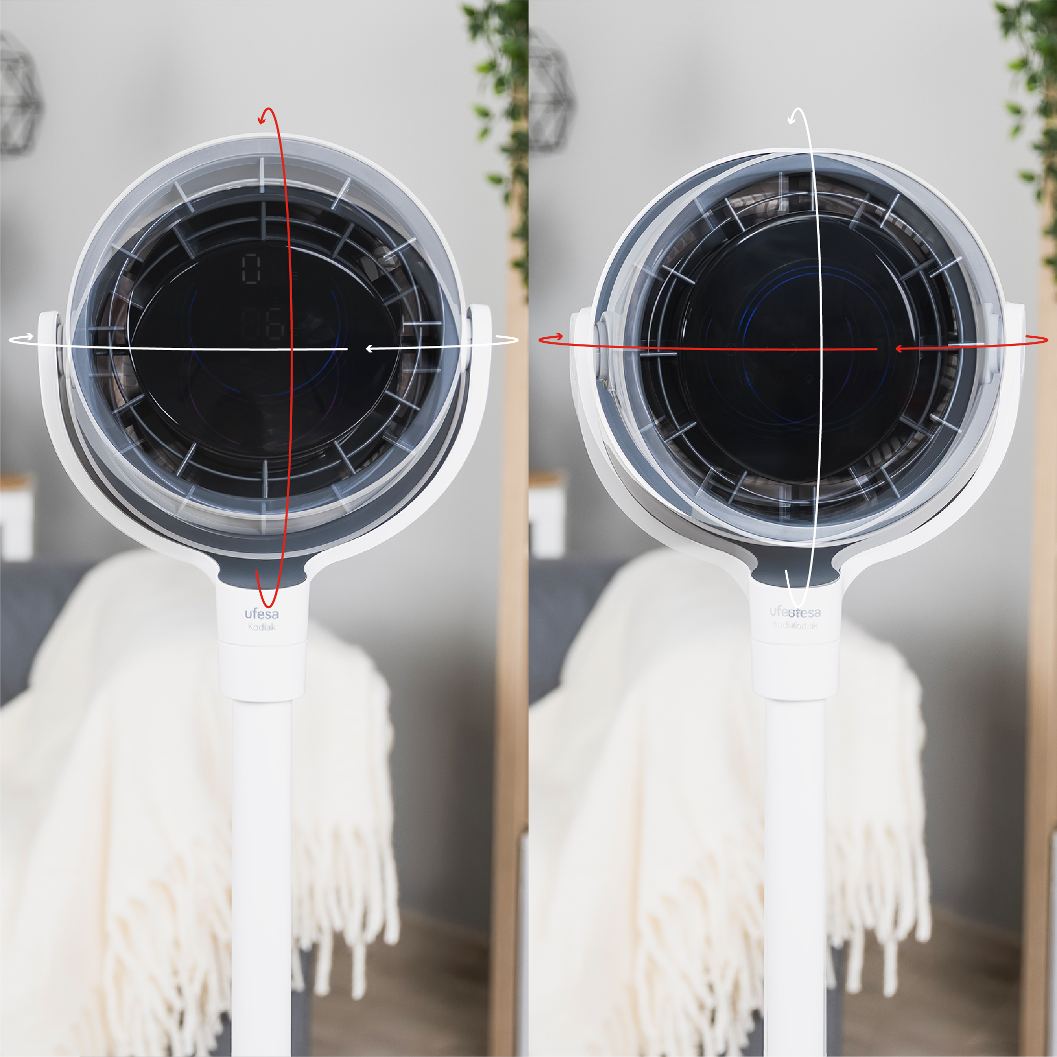 Un ventilatore bianco con frecce rosse e bianche che indicano il movimento.