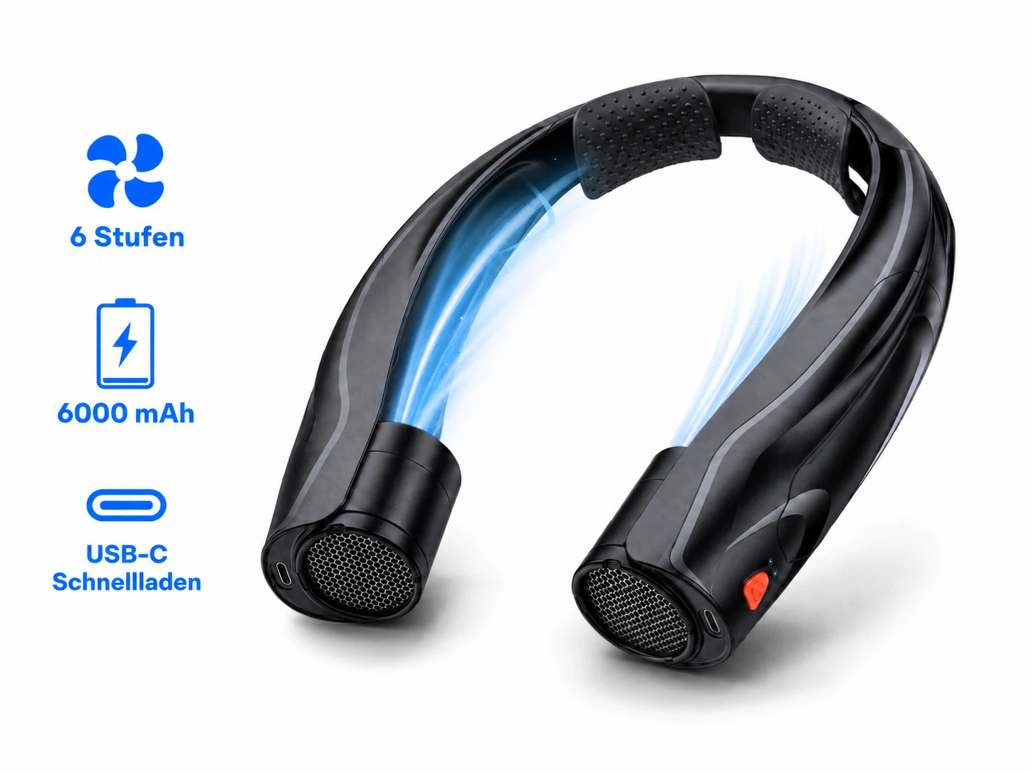Schwarzer Nackenventilator mit 6 Stufen, 6000 mAh Akku und USB-C Schnellladung.