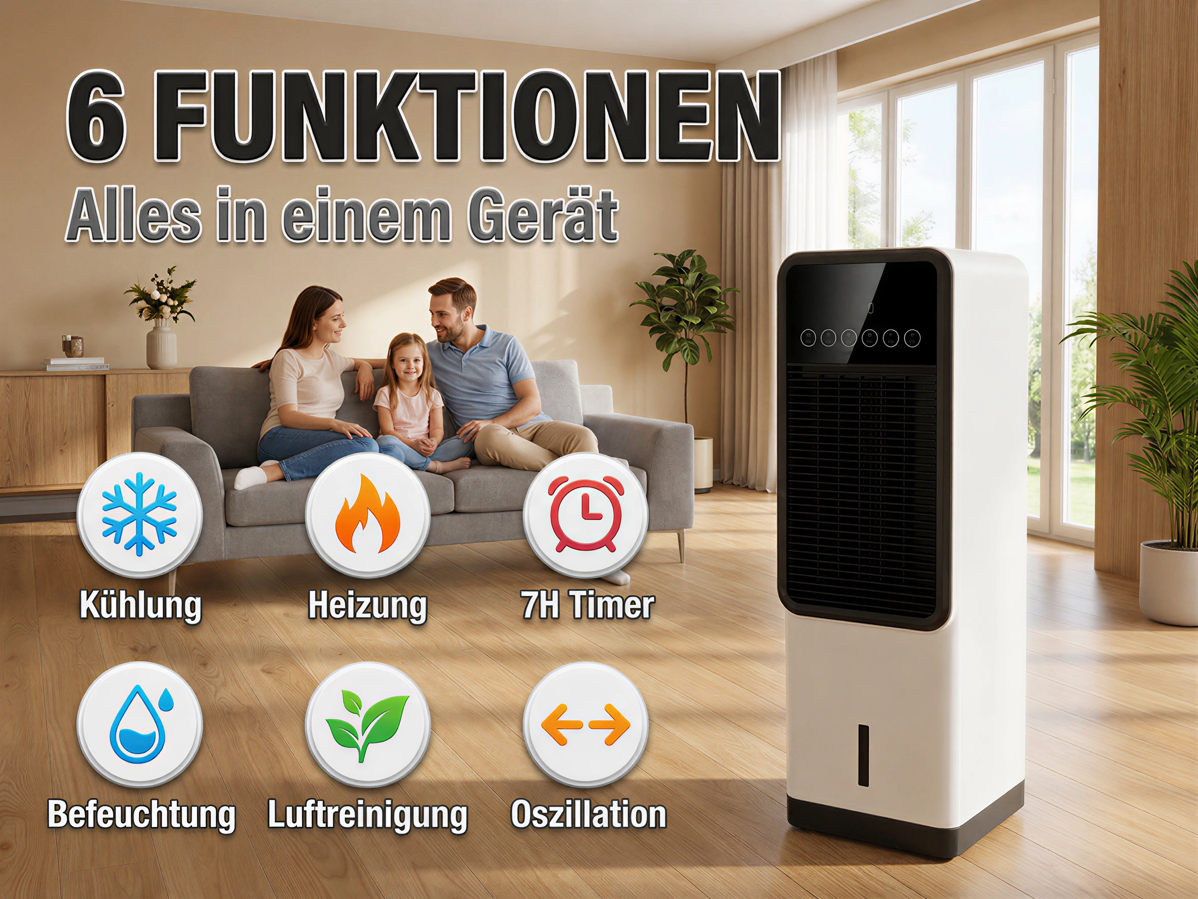 Familie auf Sofa vor Klimaanlage mit 6 Funktionen: Kühlung, Heizung, Timer.