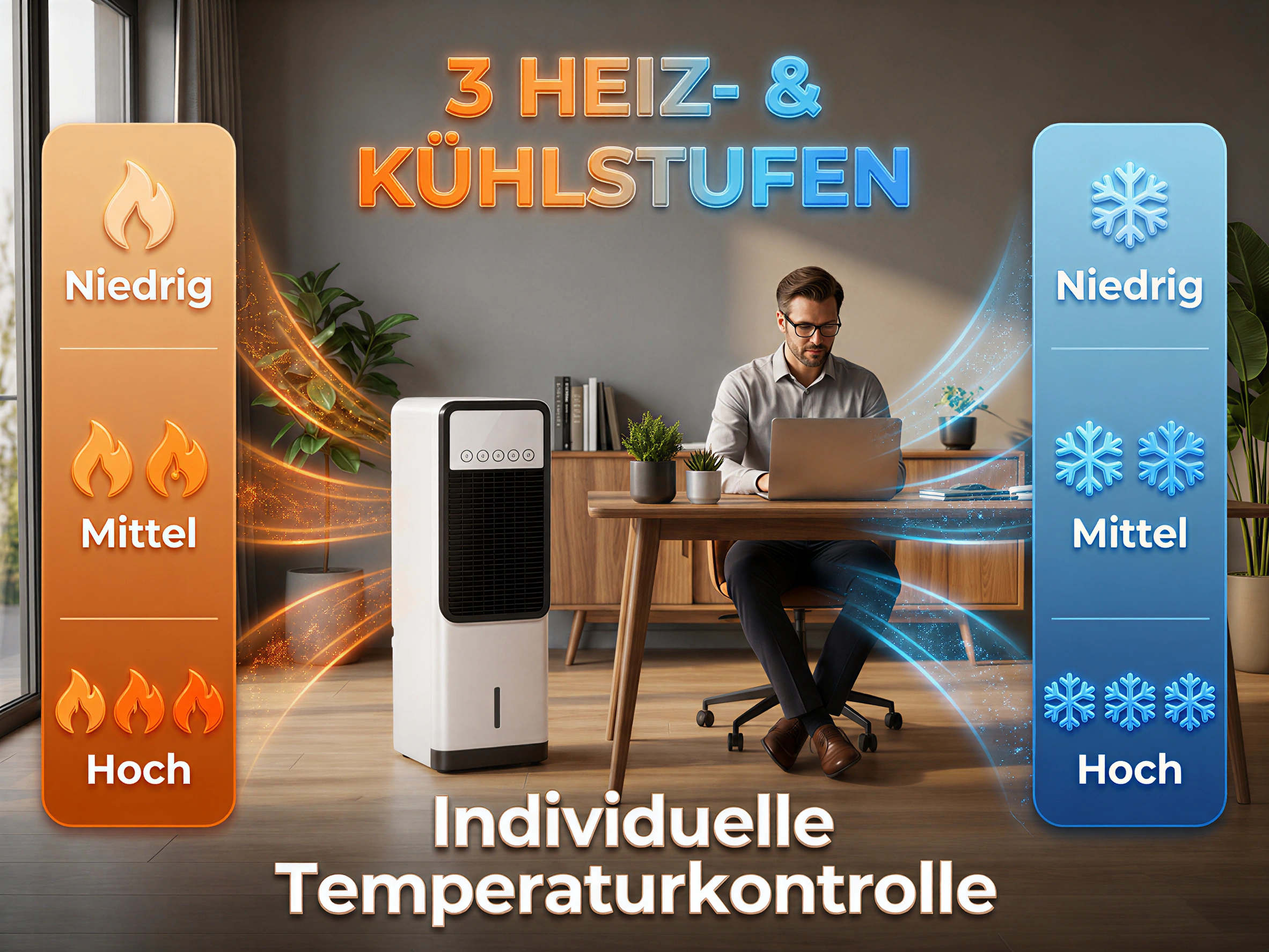 Mann am Schreibtisch mit Luftkühler. Heiz-/Kühlstufen: Niedrig, Mittel, Hoch.