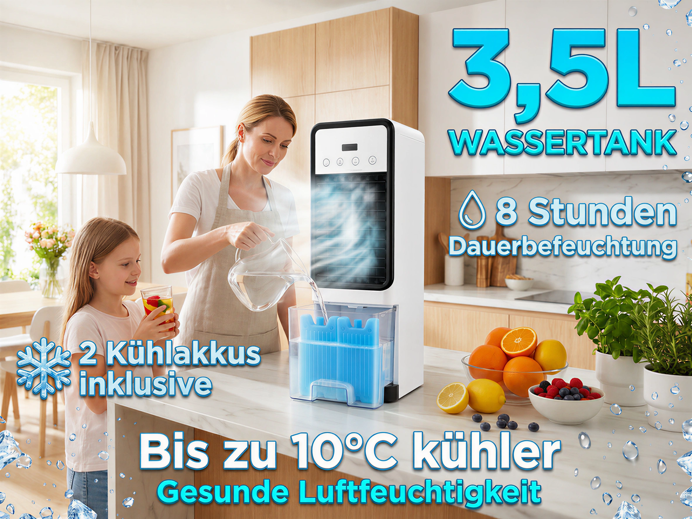Frau füllt Wasser in einen Luftkühler, Kind hält Getränk. Text: 3,5L Tank.