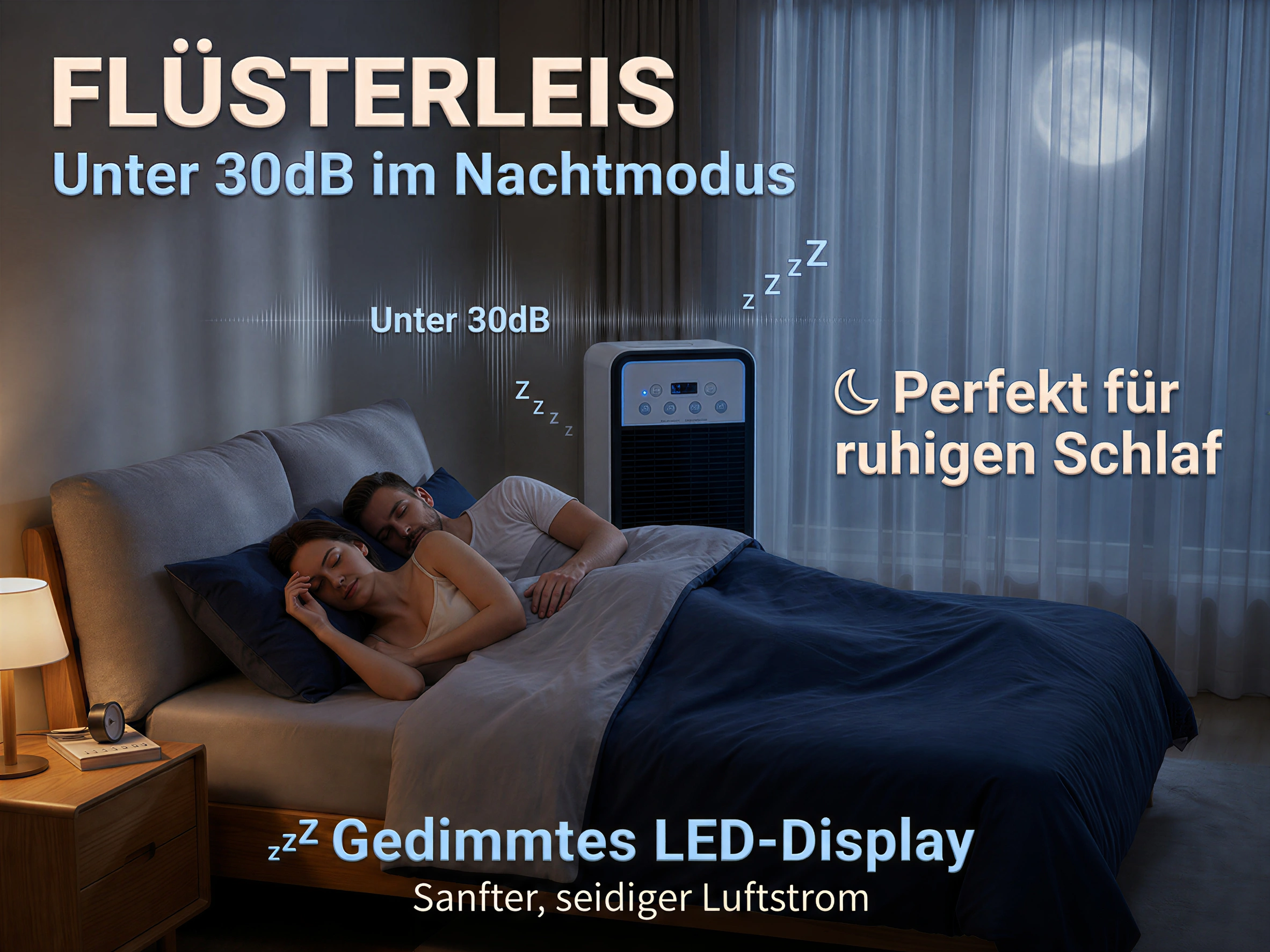 Ein Paar schläft im Bett, ein Luftreiniger steht daneben. Nachtstimmung.