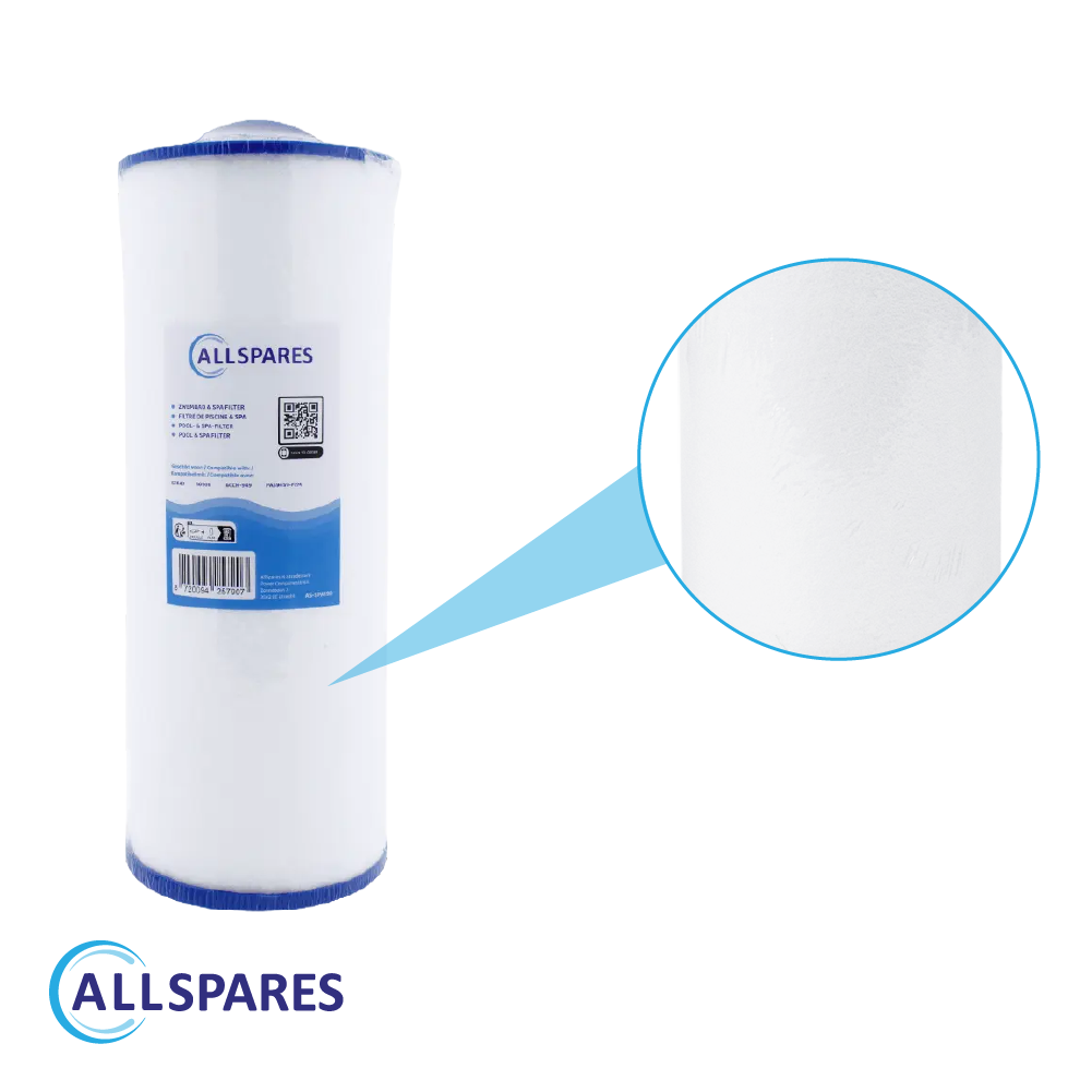Un filtro acqua bianco ALLSPARES con tappo blu, con vista ingrandita.