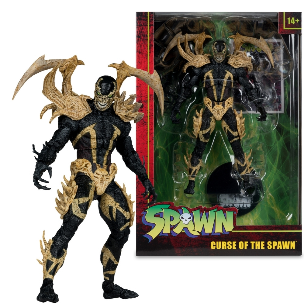 Schwarze und goldene Spawn-Actionfigur mit großen Flügeln, in Verpackung.