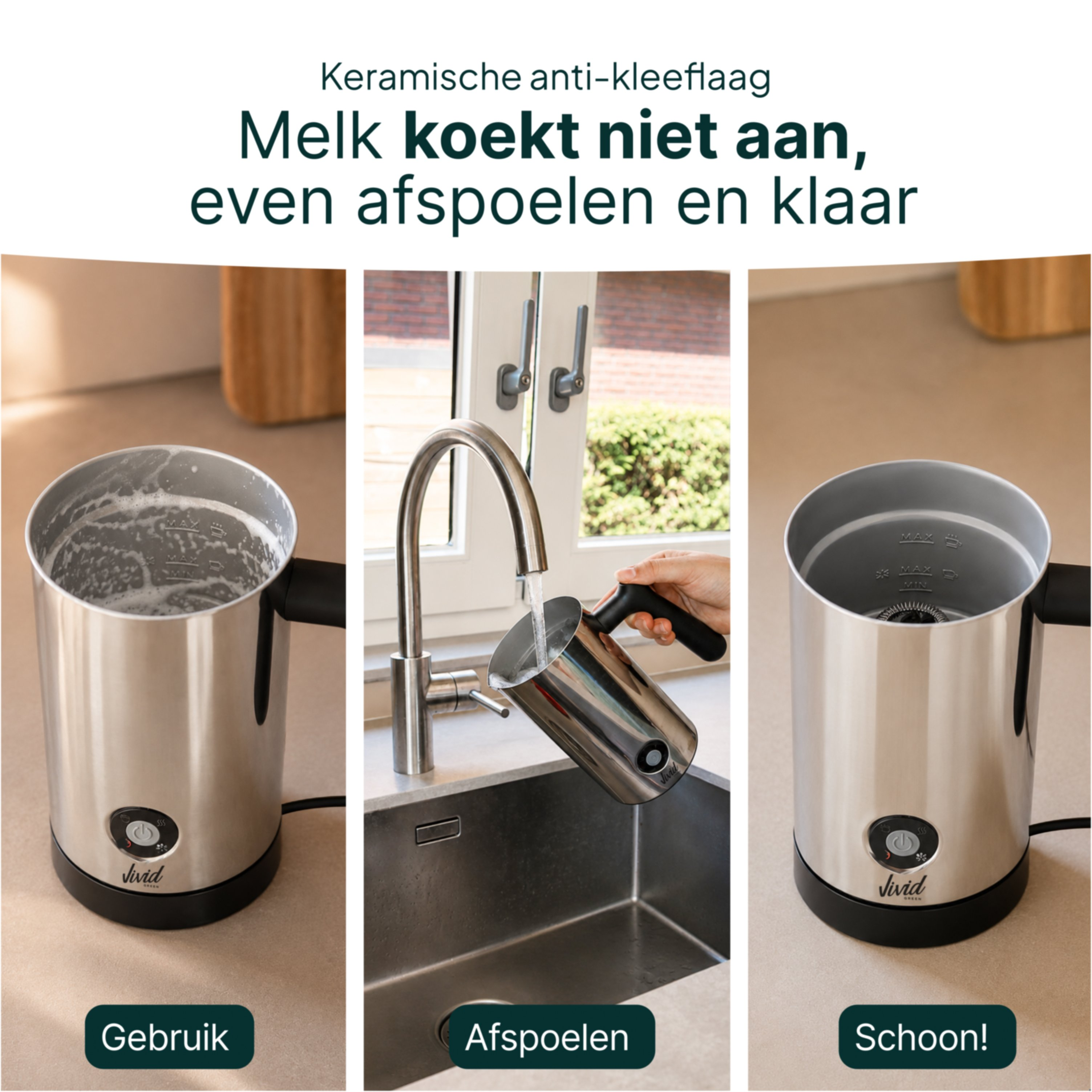 Rvs melkopschuimer: Gebruik, Afspoelen, Schoon.