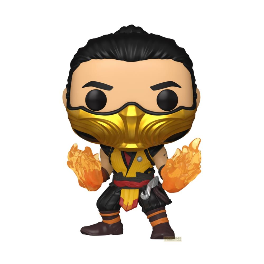Figura di Scorpion di Mortal Kombat con maschera gialla ed effetti di fuoco.