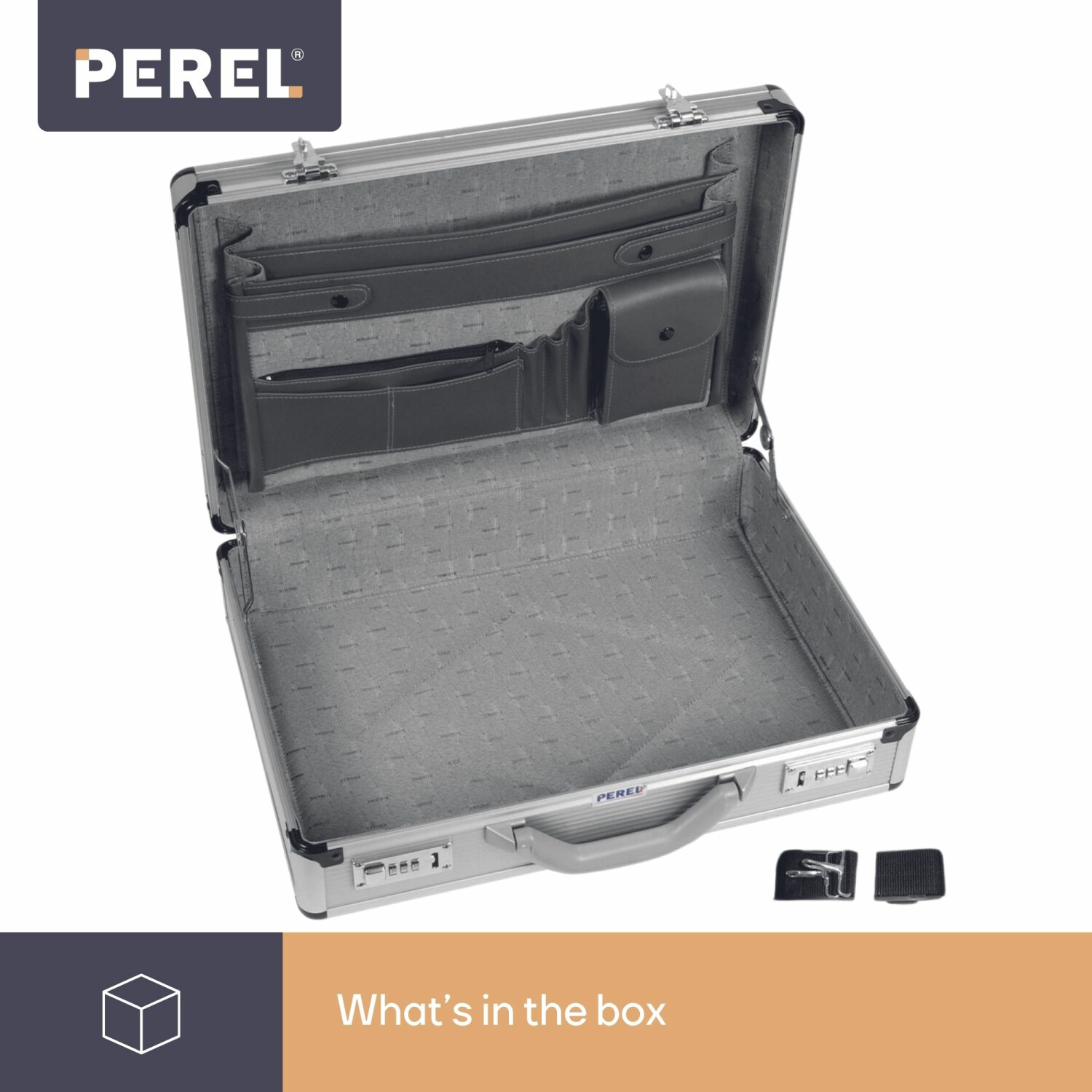 Una valigetta argentata aperta con tasche organizer e serrature a combinazione.