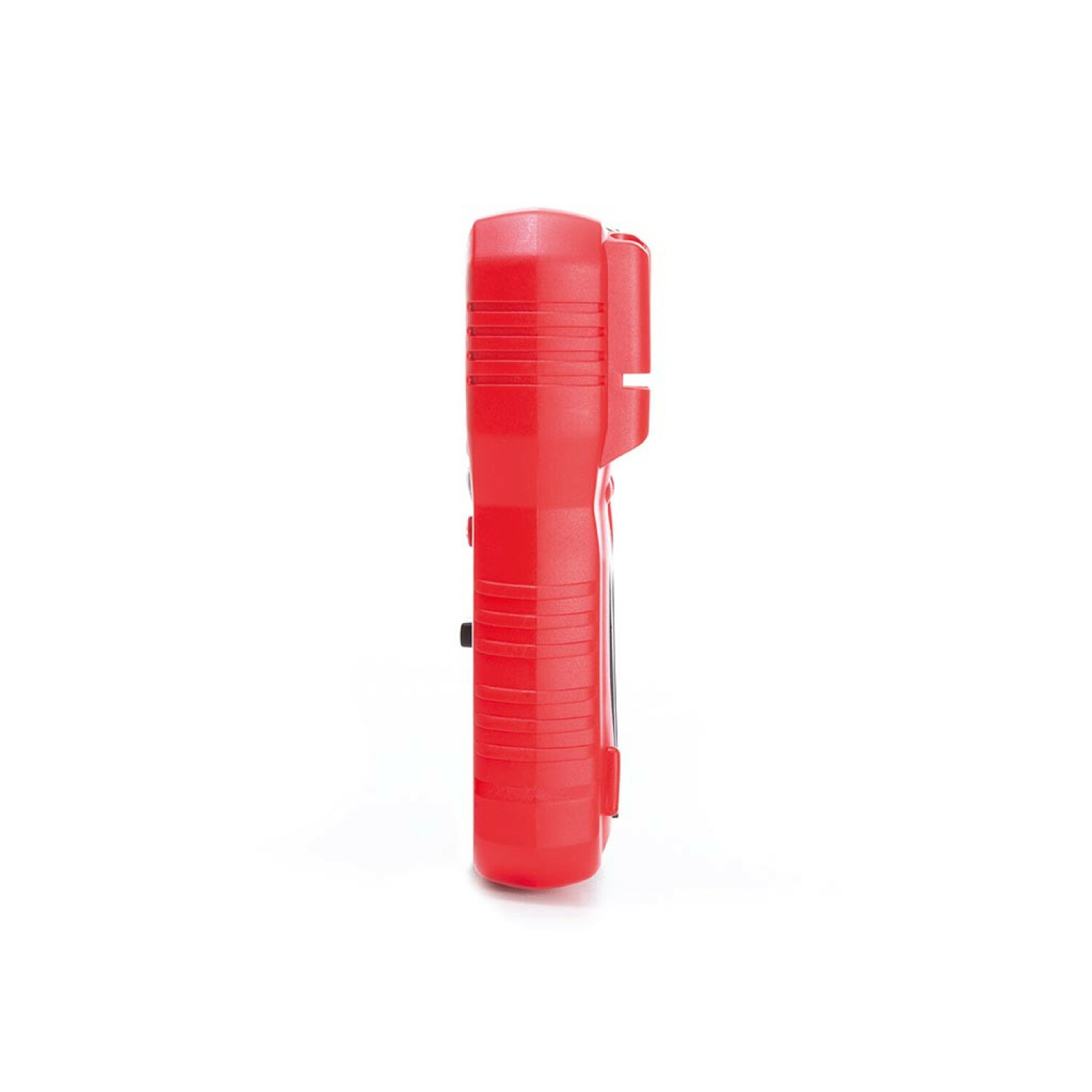 Un misuratore rosso con superficie scanalata, mostrato di lato.