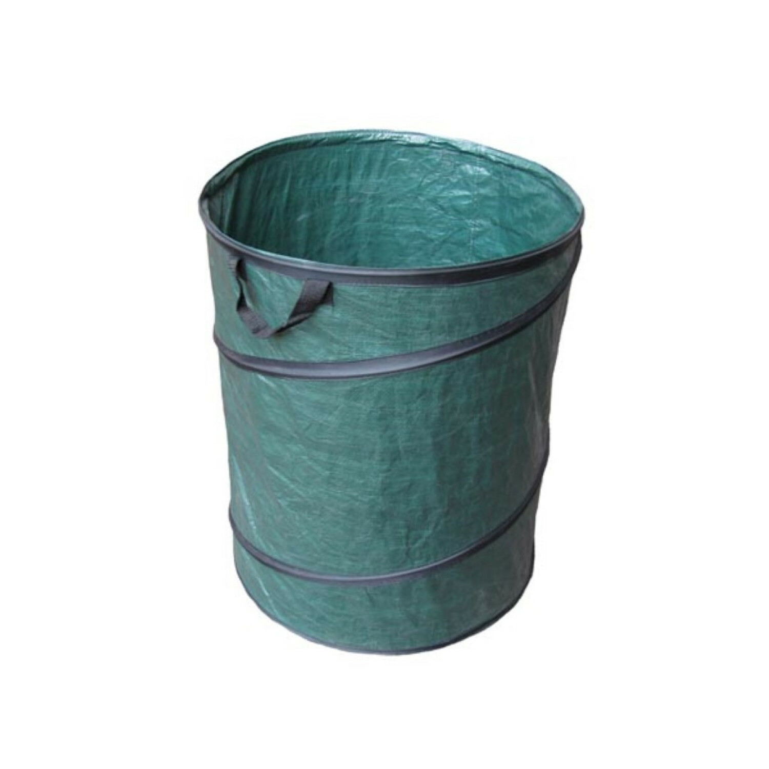 Ein aufklappbarer, grüner Gartensack mit schwarzen Griffen und Ringen.