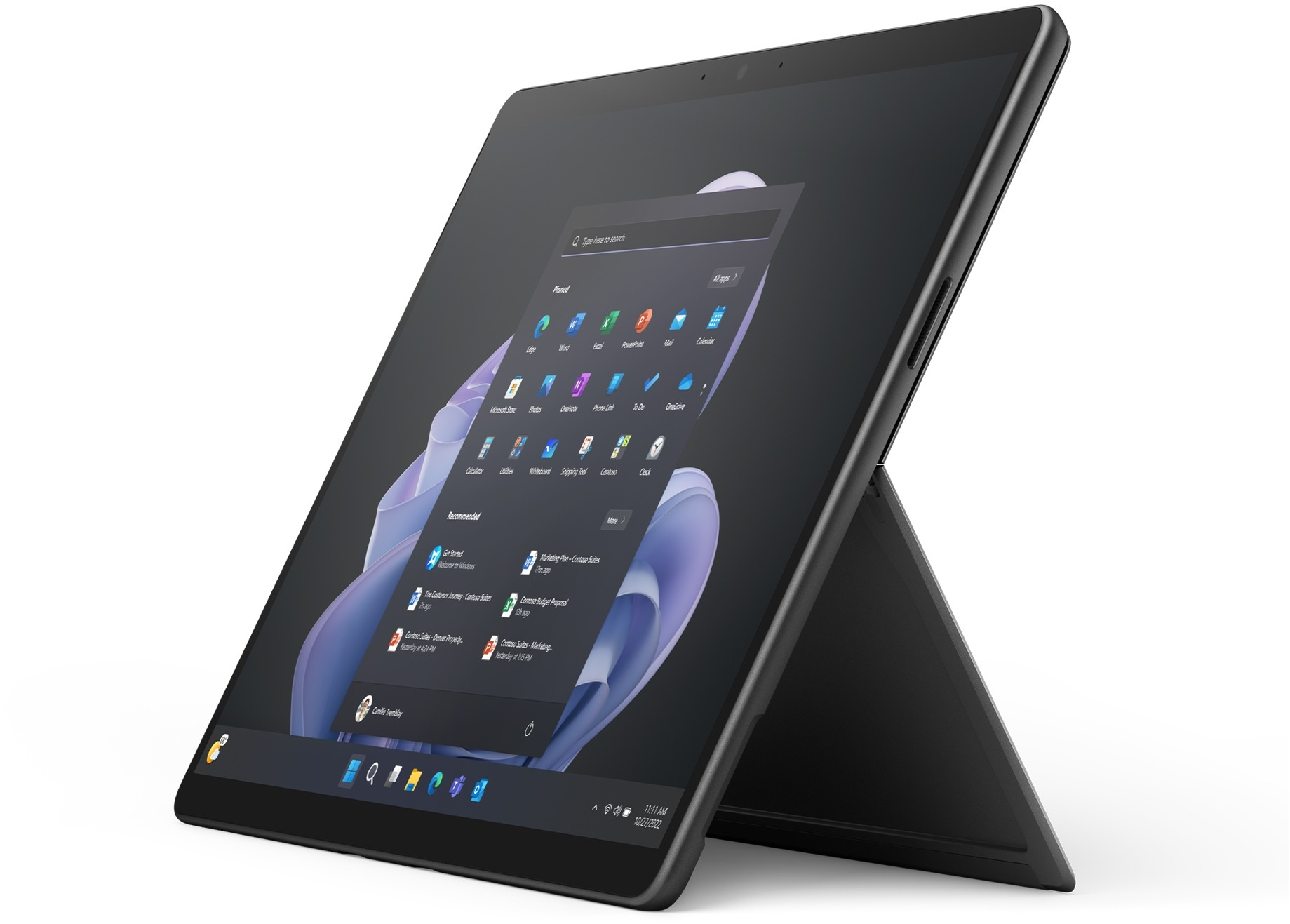 A black tablet with a stand, showing an open Start menu with apps and recommended items.