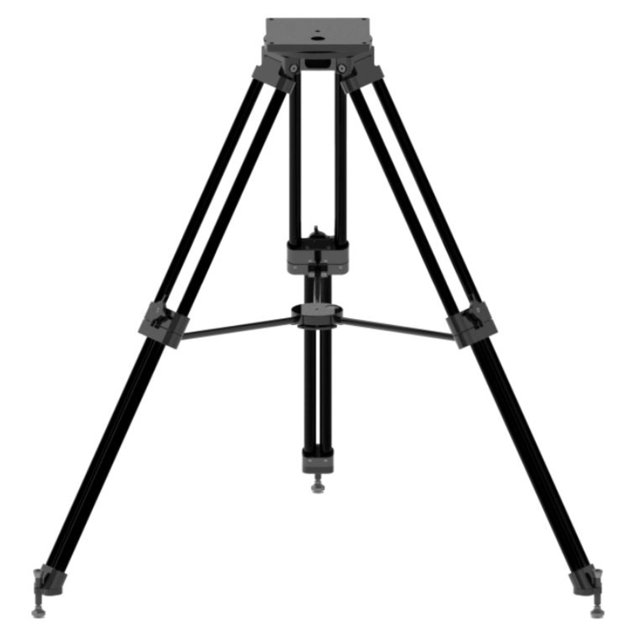 Ein schwarzes Stativ mit drei Beinen und einer zentralen Säule auf weißem Hintergrund.