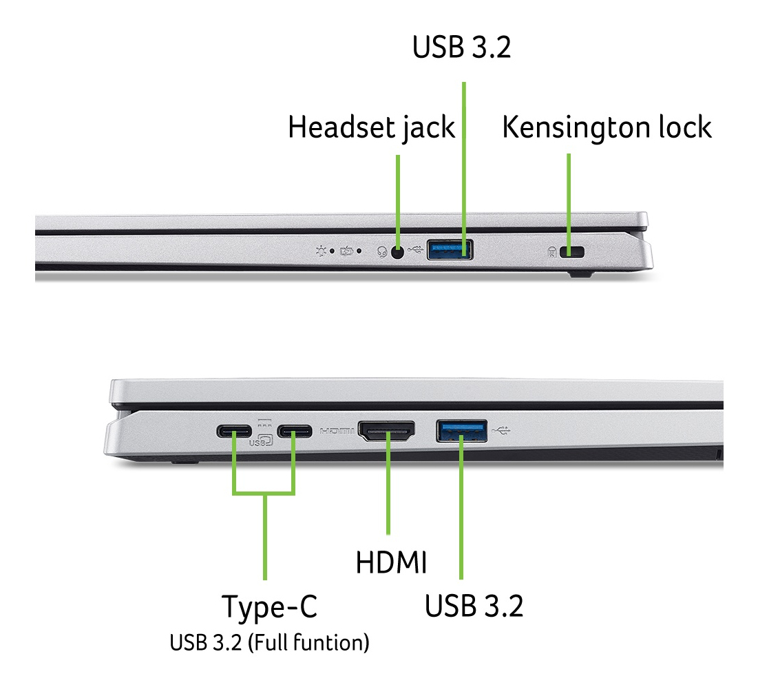Laptop-Anschlüsse gezeigt: USB 3.2, Kopfhöreranschluss, Kensington-Sperre, Typ-C, HDMI.