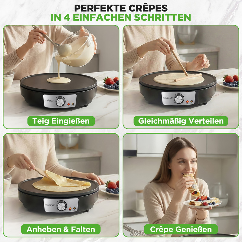 Vier Schritte zur perfekten Crêpe: Teig eingießen, verteilen, falten und genießen.