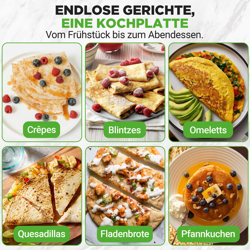 Sechs Gerichte: Crêpes, Blintzes, Omeletts, Quesadillas, Fladenbrote, Pfannkuchen.