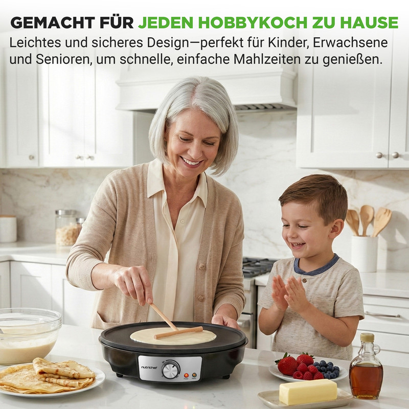 Eine Frau und ein Kind machen Pfannkuchen auf einer elektrischen Pfanne.