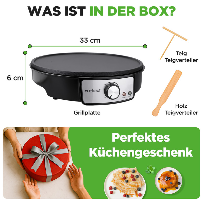 Crepes maker, dimensions 33x6cm, with batter spreader and wooden spreader.