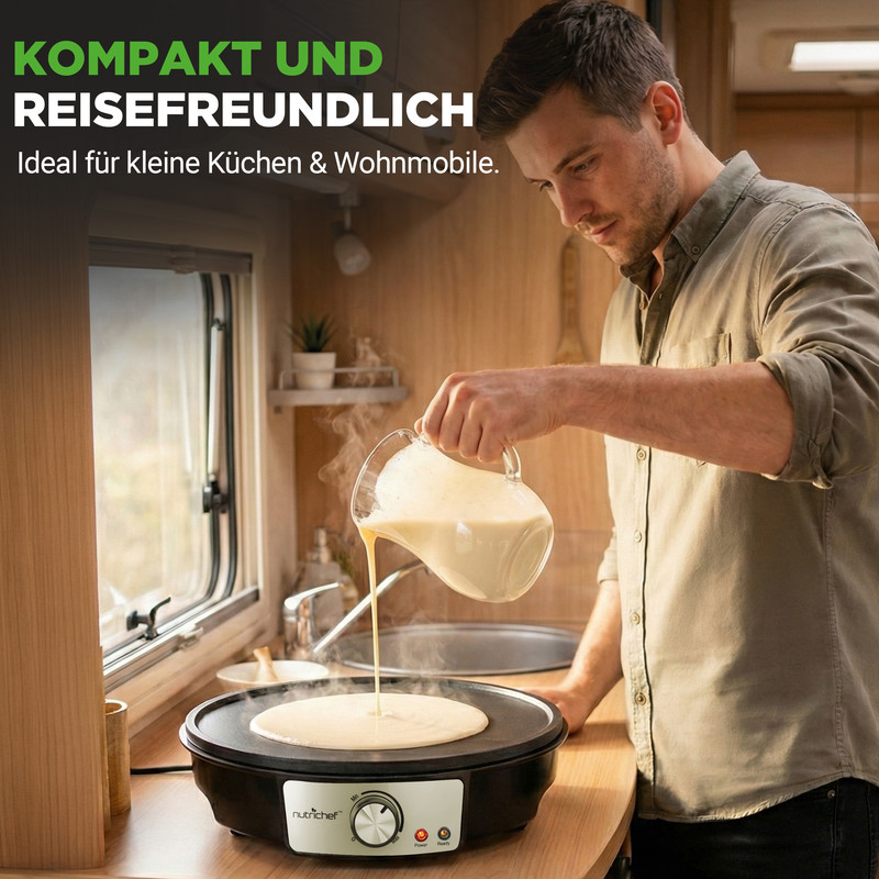 Ein Mann gießt Teig auf eine heiße Platte in einem Wohnmobil.