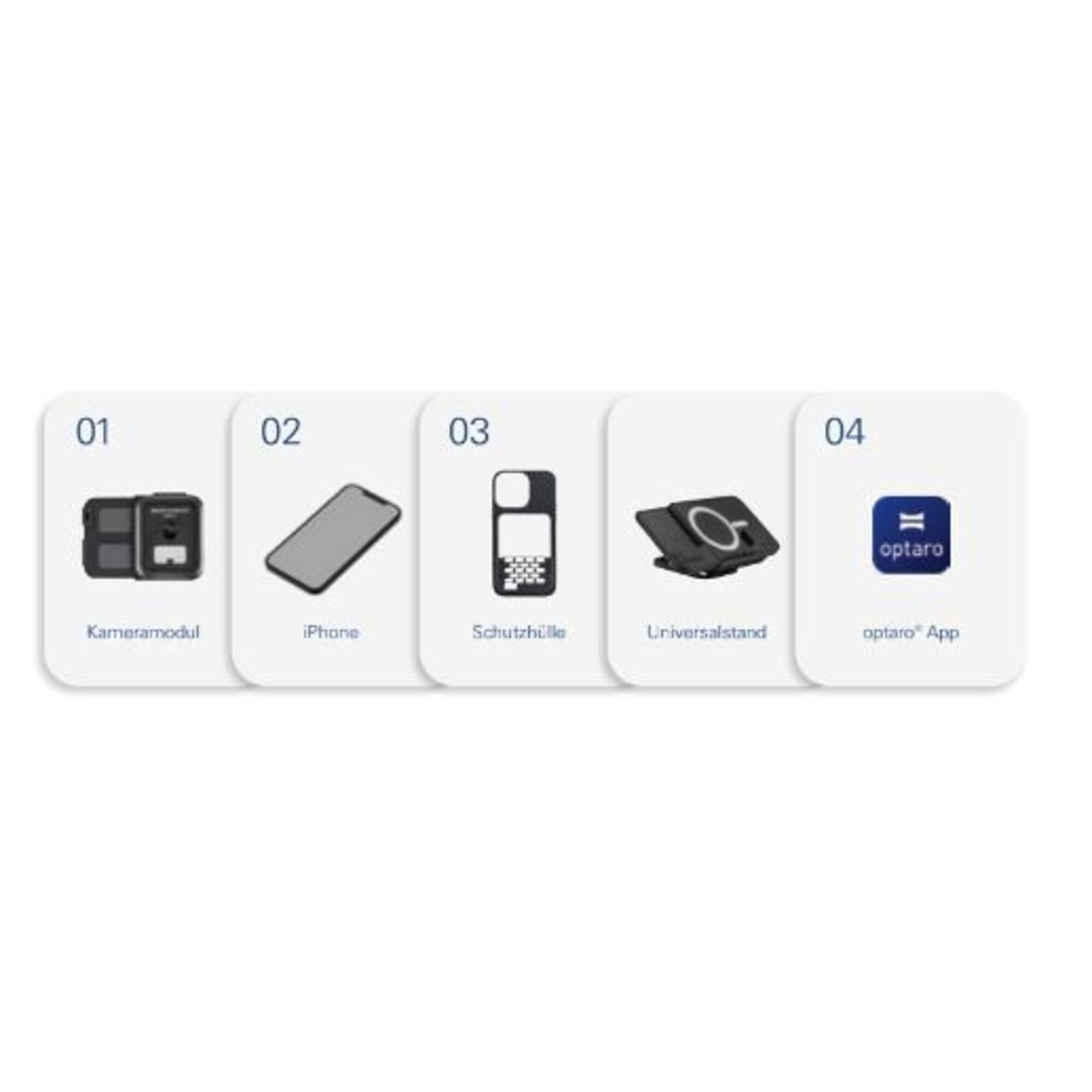 Vier Produkte: Kameramodul, iPhone, Schutzhülle, Universalstand, App-Logo.