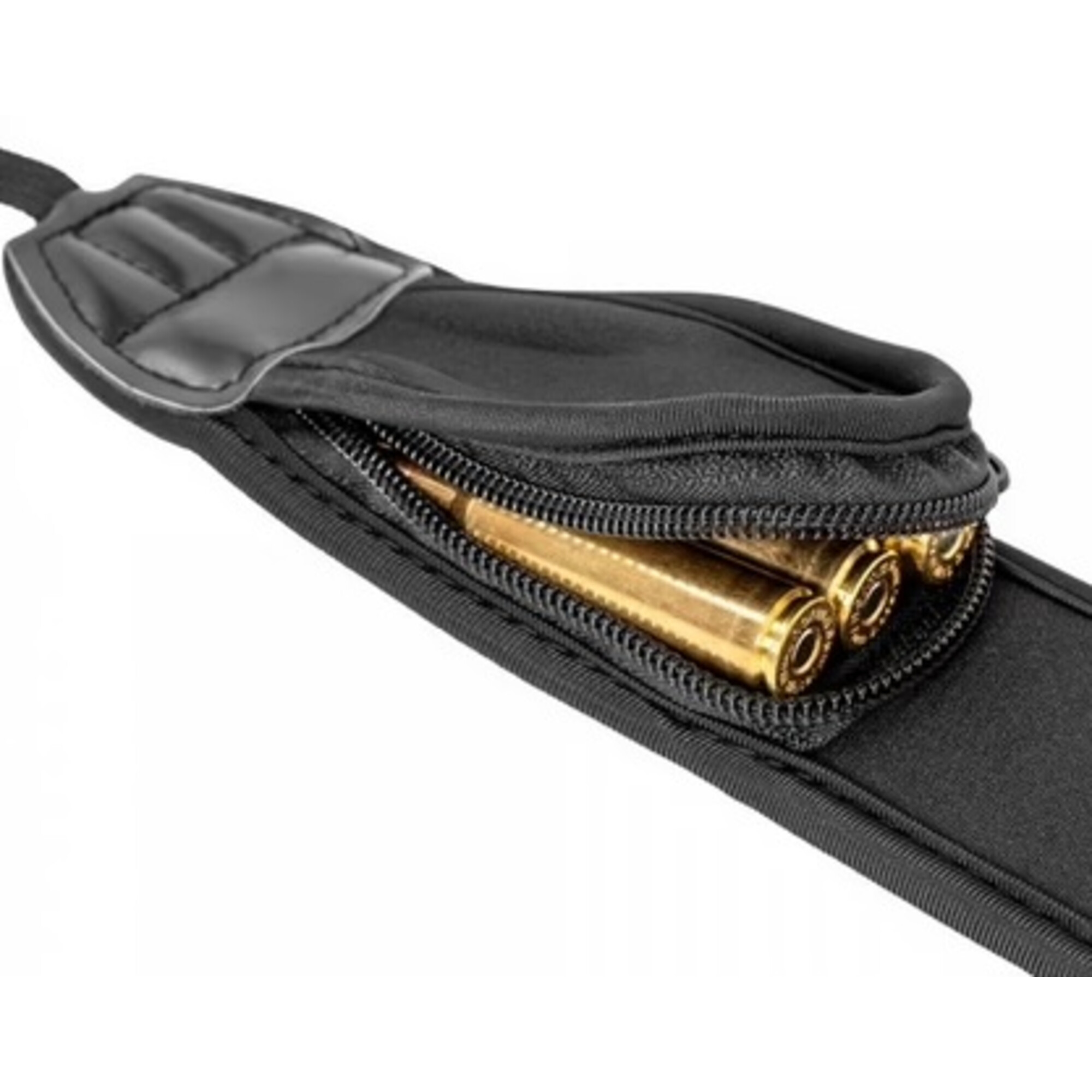 Schwarzer Riemen mit Reißverschlusstasche, darin drei goldene Patronen.