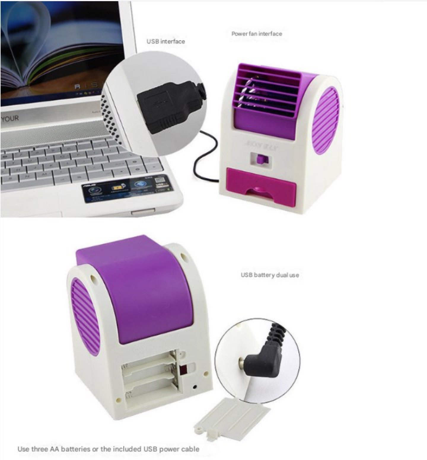 Ein violetter und weißer USB-Lüfter mit zwei AA-Batterien oder USB-Anschluss.
