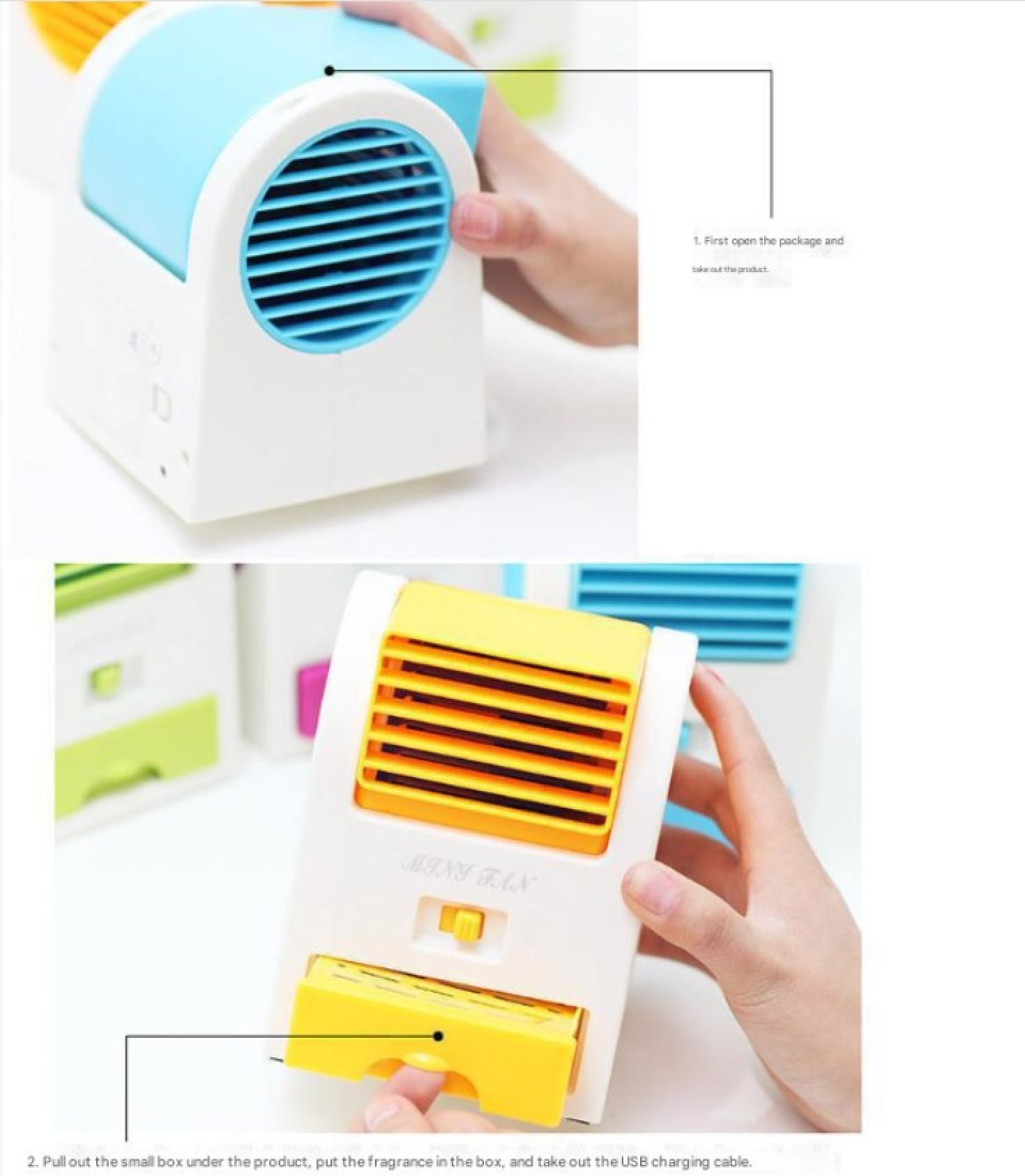 Ein weißer Mini-Ventilator mit blauem Gitter und gelbem Fach wird gezeigt.