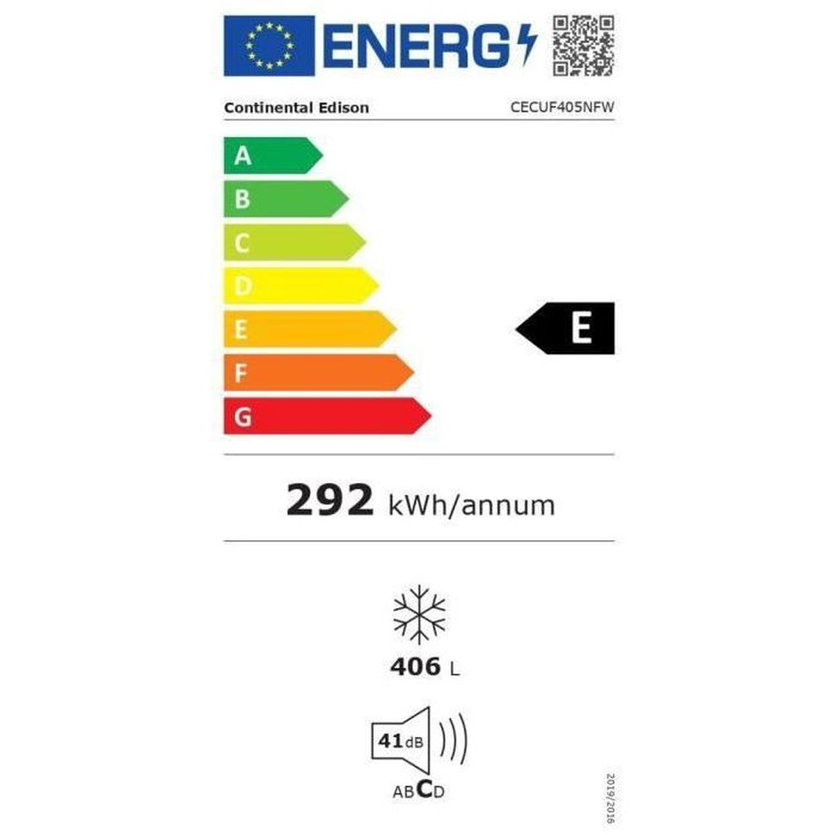 Energielabel: Continental Edison, 292 kWh/Jahr, 406 L, 41 dB, Klasse E.