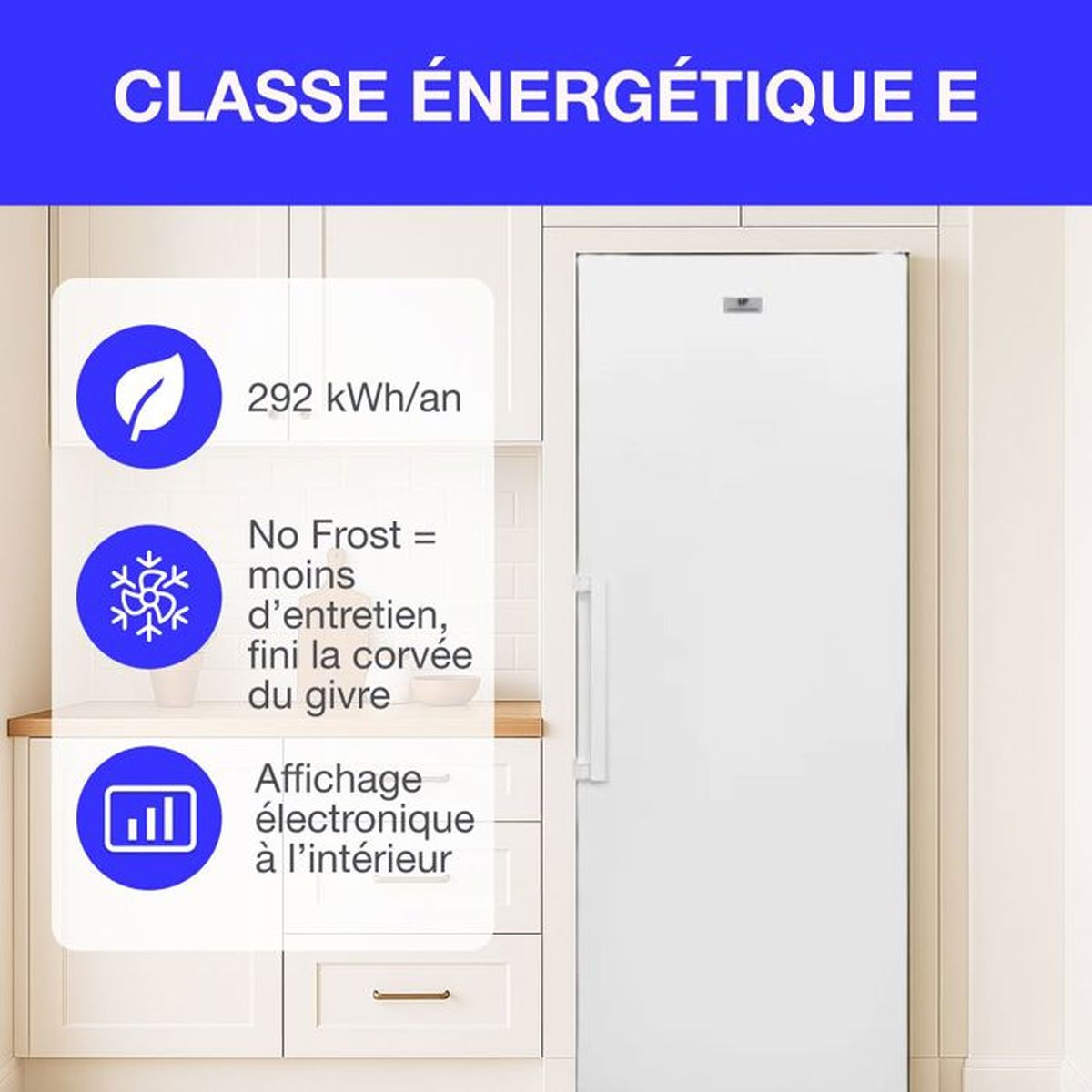 Weiße Kühlgefrierkombination mit Energieeffizienzklasse E, 292 kWh/Jahr.