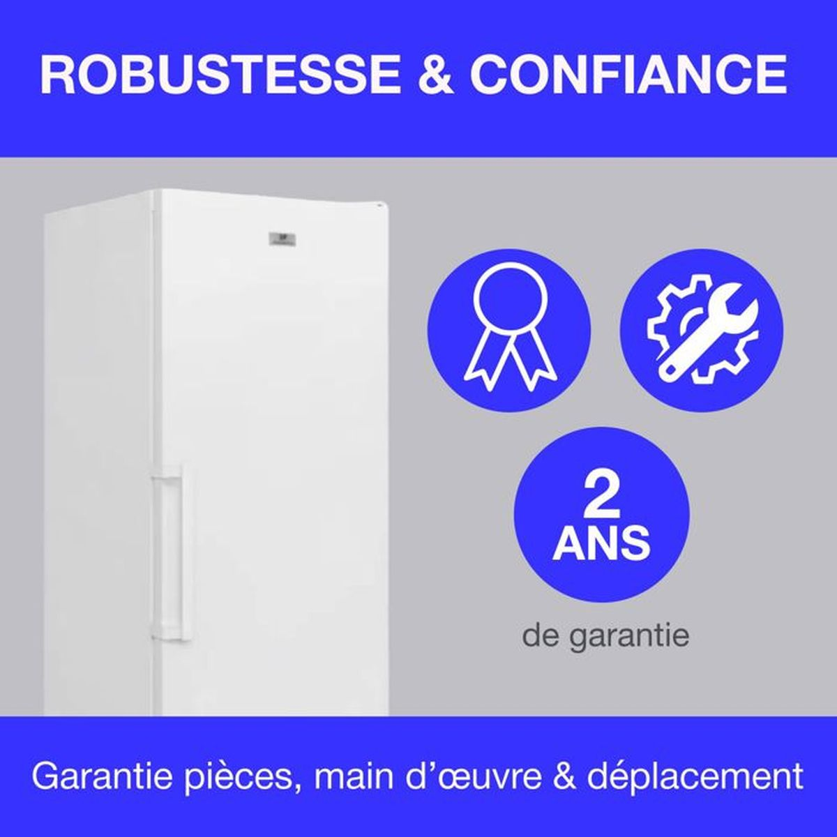 Ein weißer Gefrierschrank mit Garantie-Symbolen und Text.
