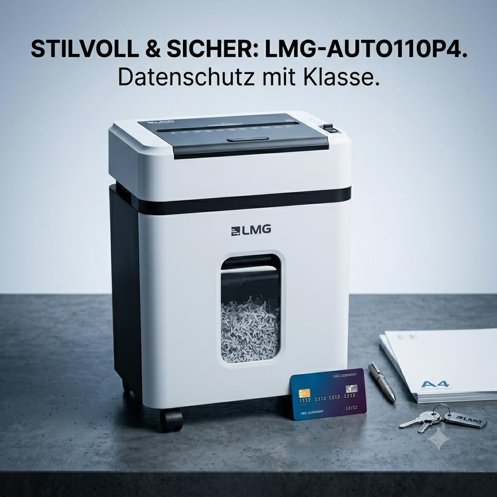 Ein weißer Aktenvernichter steht auf einem Tisch mit einer Kreditkarte, Schlüsseln und Papier.