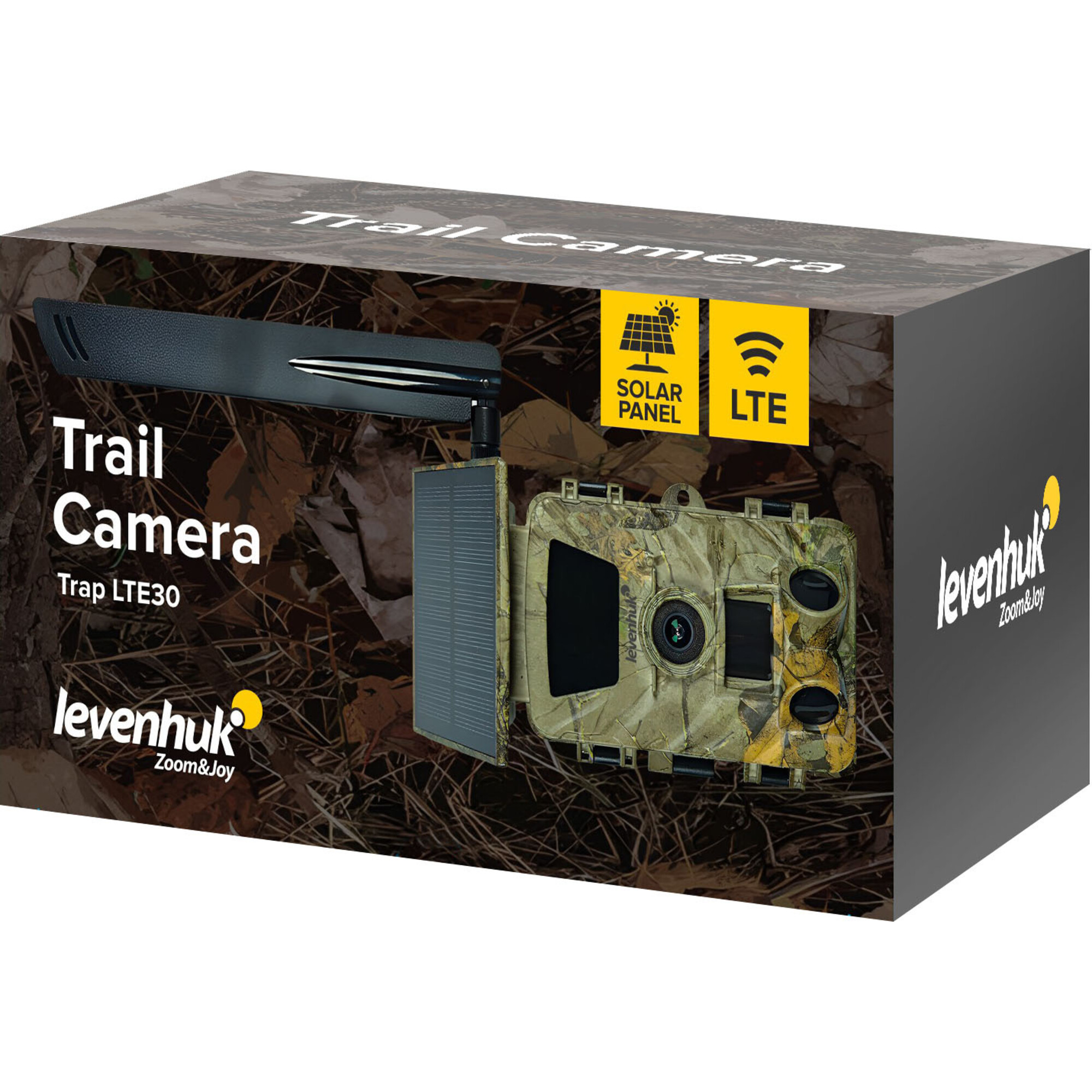 Verpackung für eine Levenhuk Trail Camera Trap LTE30 mit Solarpanel und LTE.