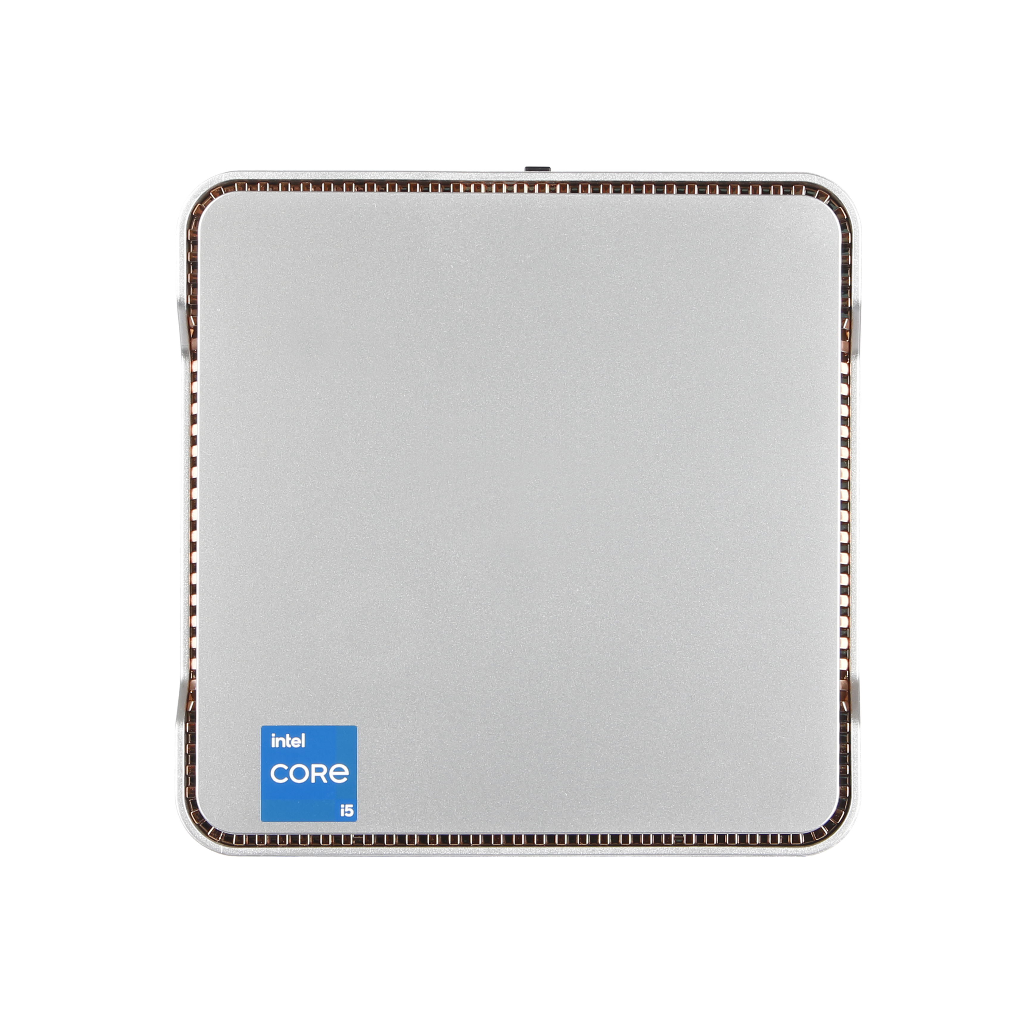 Silberner Mini-PC mit Intel Core i5 Logo. Lüftungsschlitze an den Seiten.