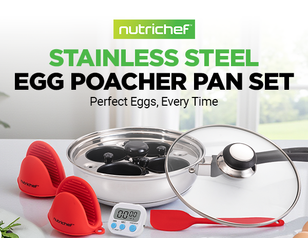 Nutrichef Edelstahl-Eierpochierpfannen-Set mit roten Fäustlingen, Spatel und Timer.