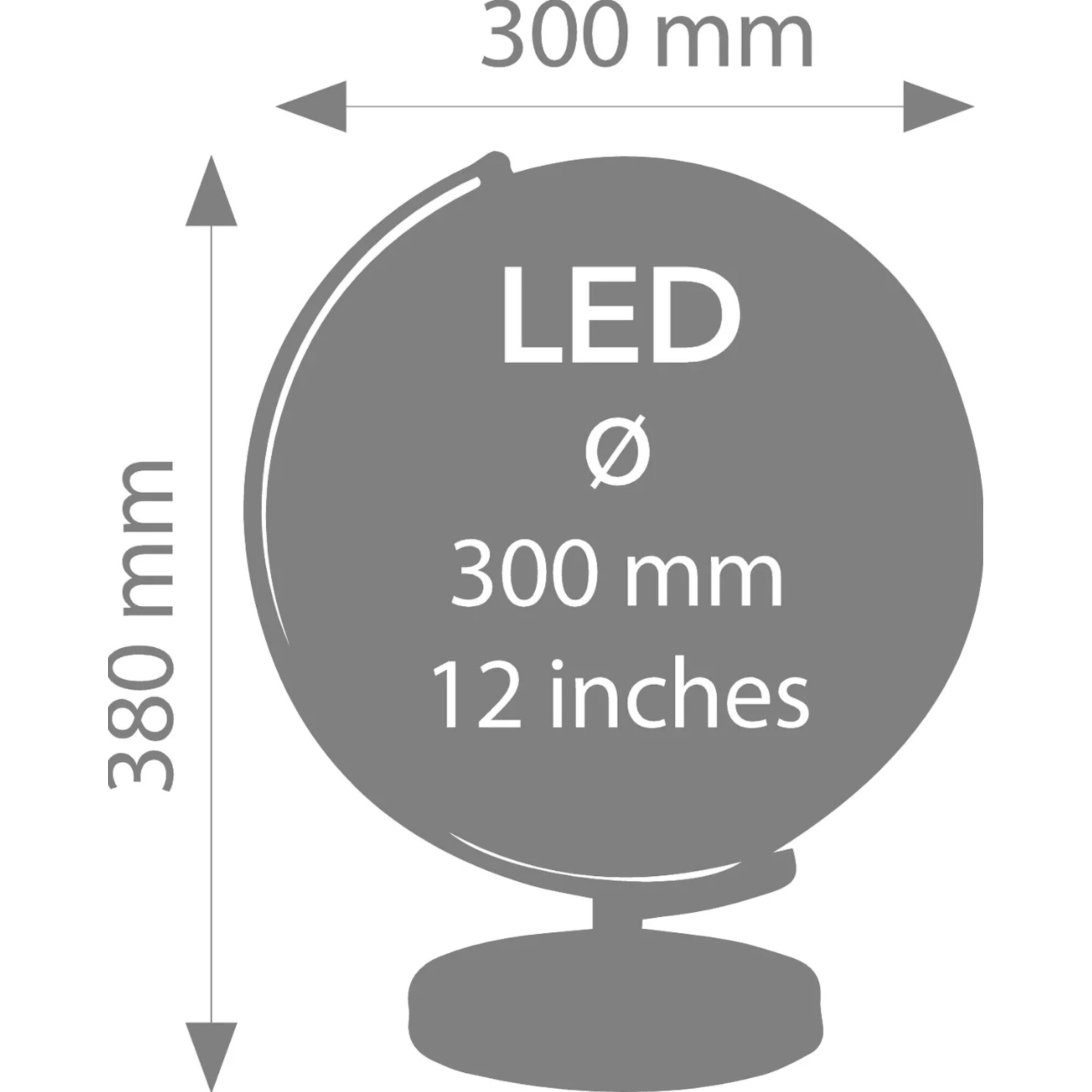 Grauer Globus mit LED-Anzeige, 300 mm Durchmesser und 380 mm Höhe.