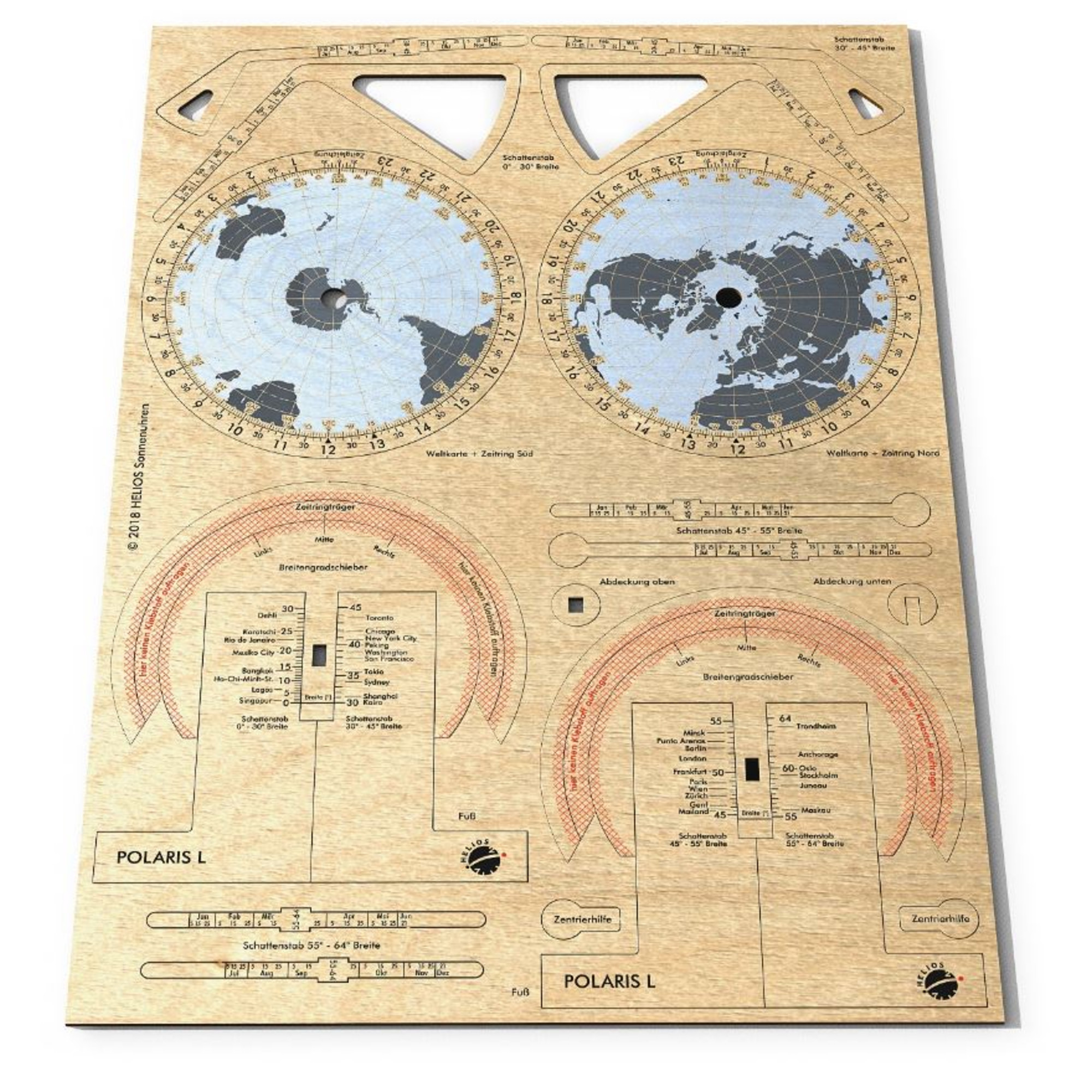 Holzplatte mit astronomischen und geografischen Diagrammen und Listen von Städten.