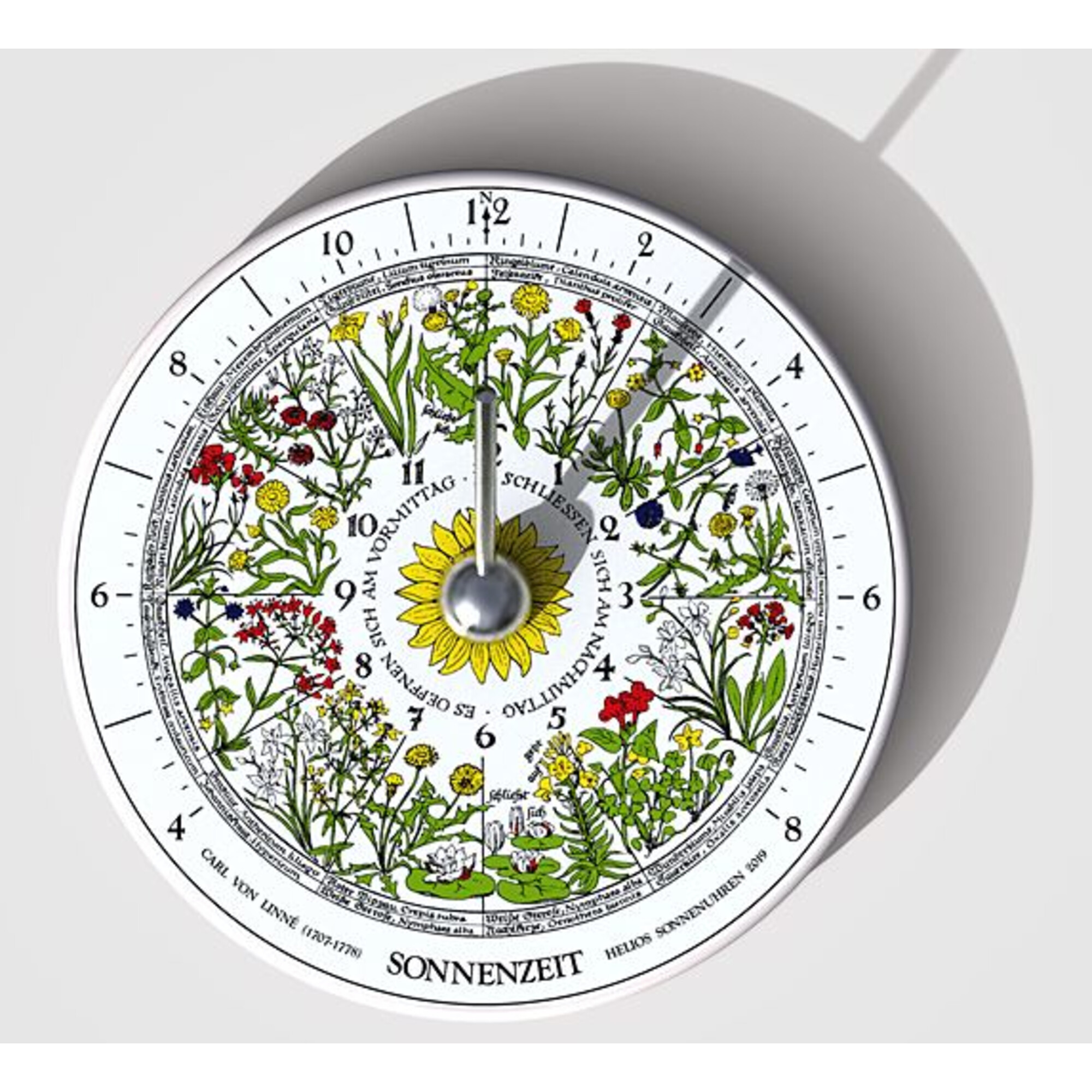 Eine Sonnenuhr mit Blumenillustrationen und Stundenmarkierungen von 1 bis 12.