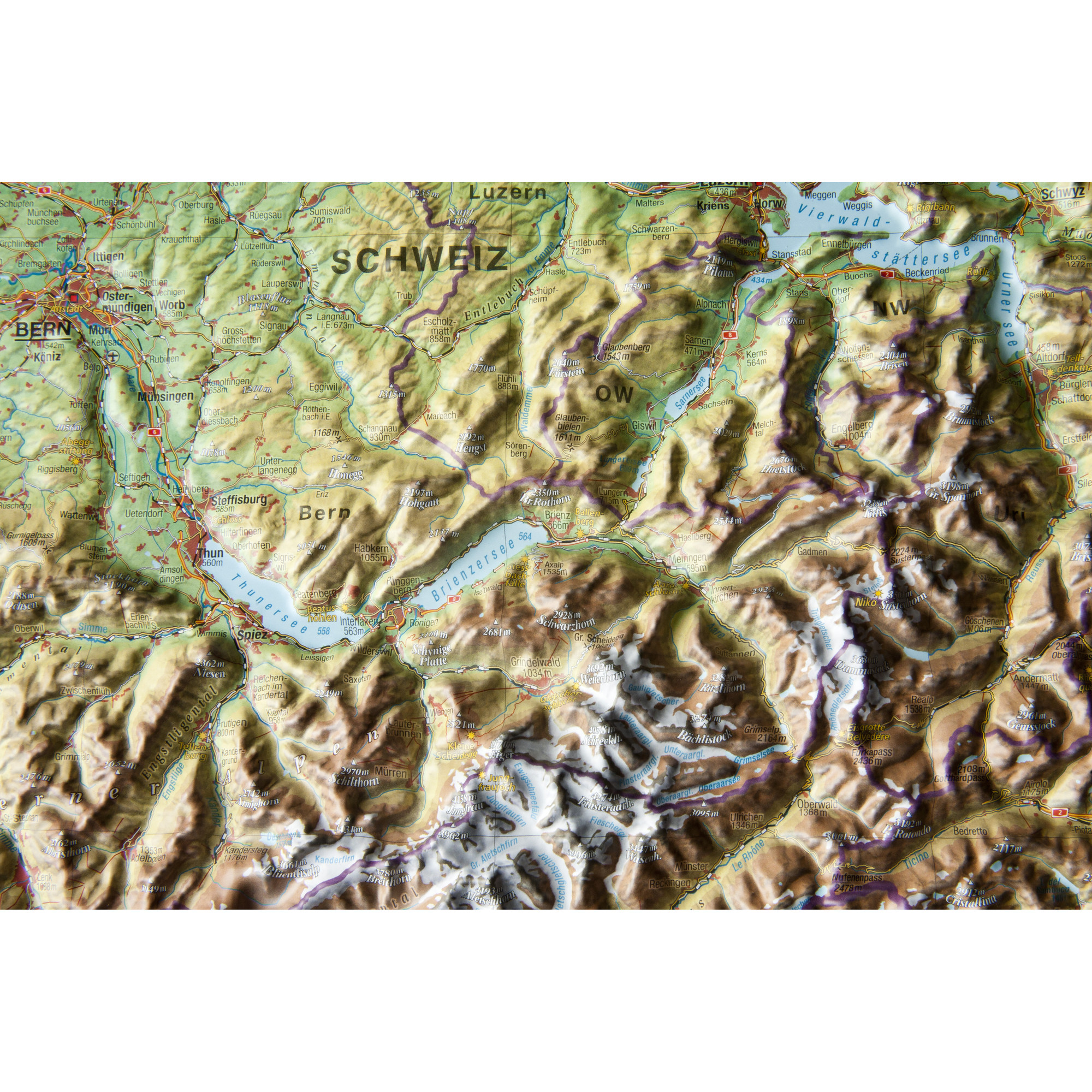 Topografische Karte der Schweiz mit Bergen, Seen und Städten.