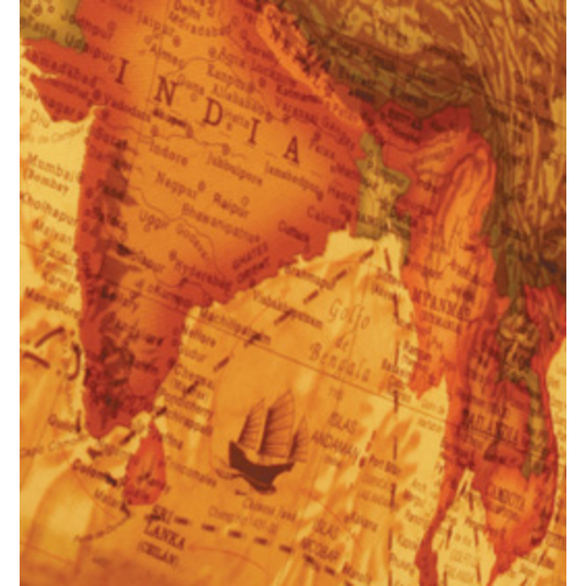 Eine Weltkarte mit Fokus auf Indien und umliegende Regionen, im Vintage-Stil.