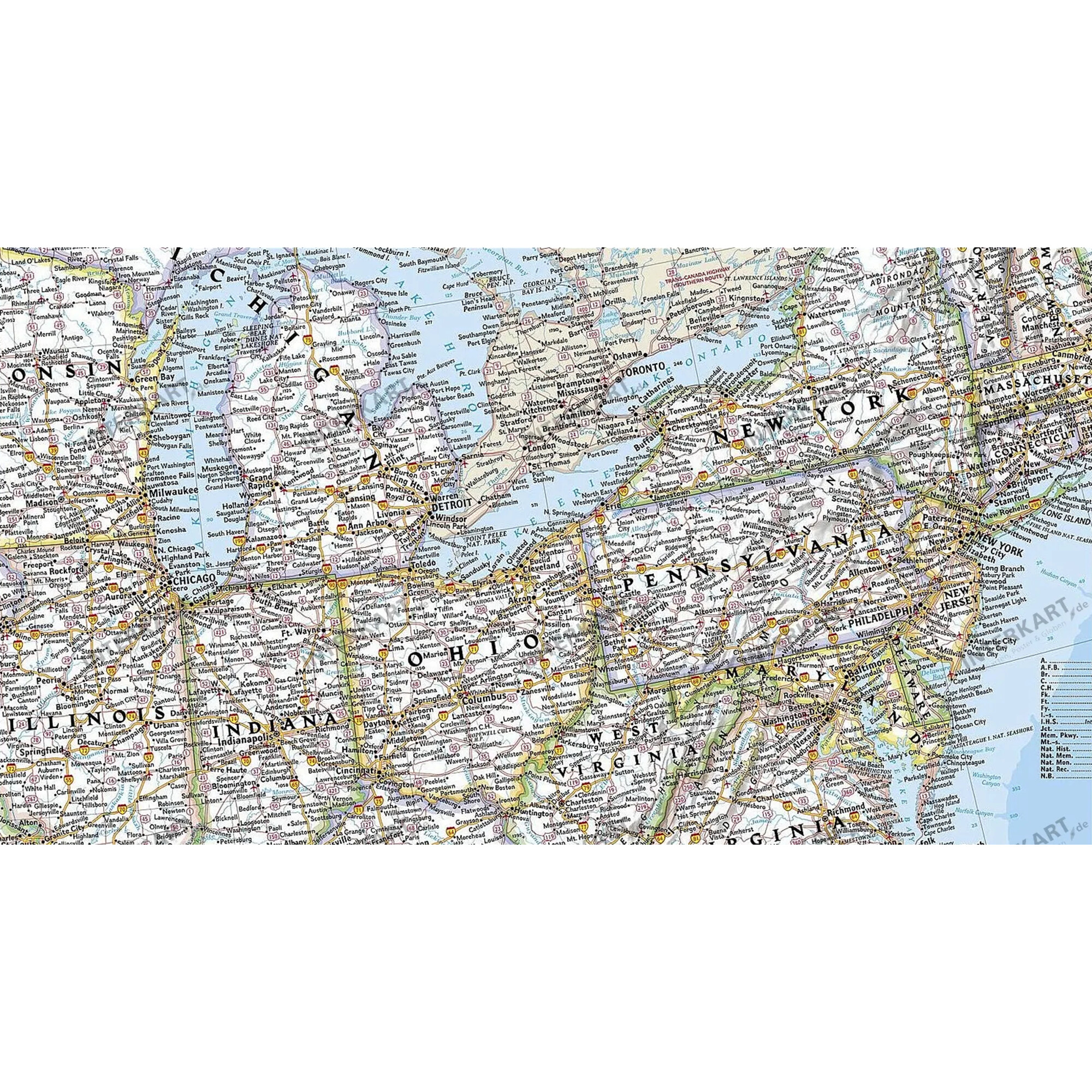 Karte von Teilen der USA mit Städten wie Chicago, Detroit, New York und Toronto.