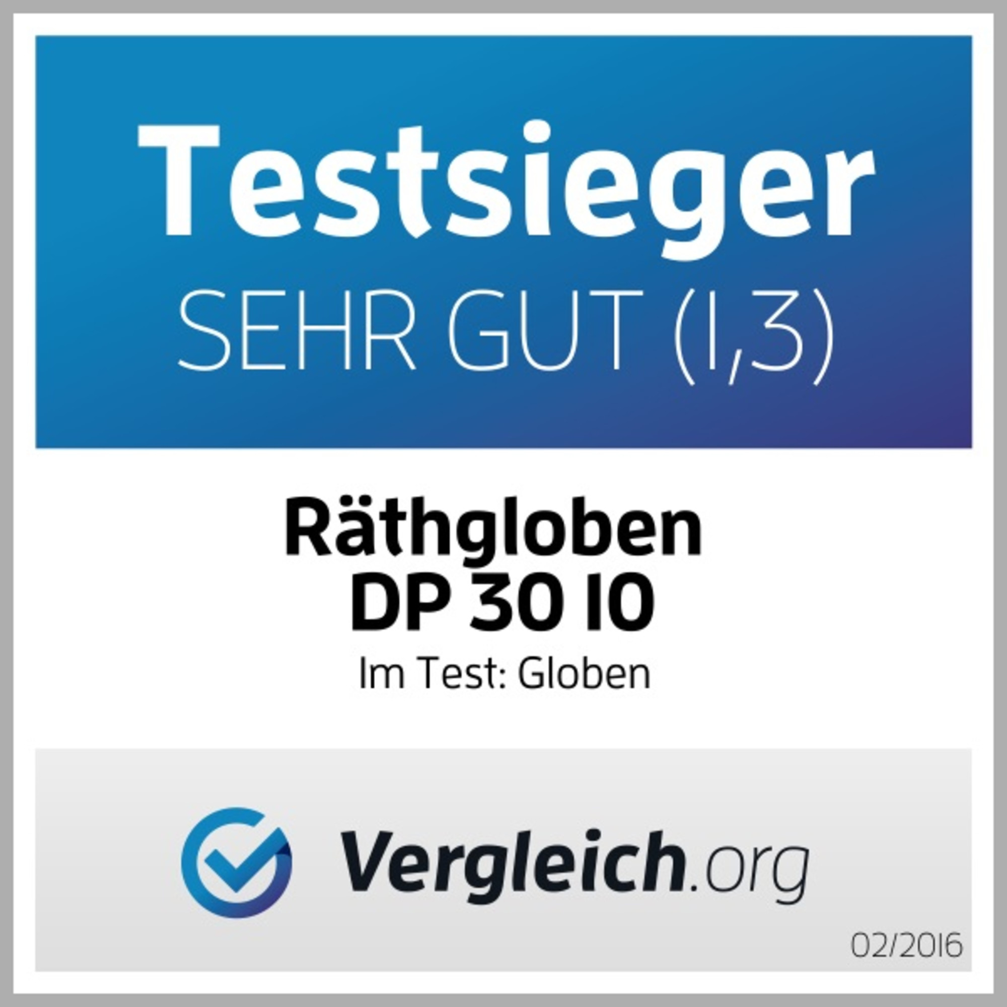 Testsieger: Sehr gut (1,3) für Räthgloben DP 30 10. Vergleich.org 02/2016.