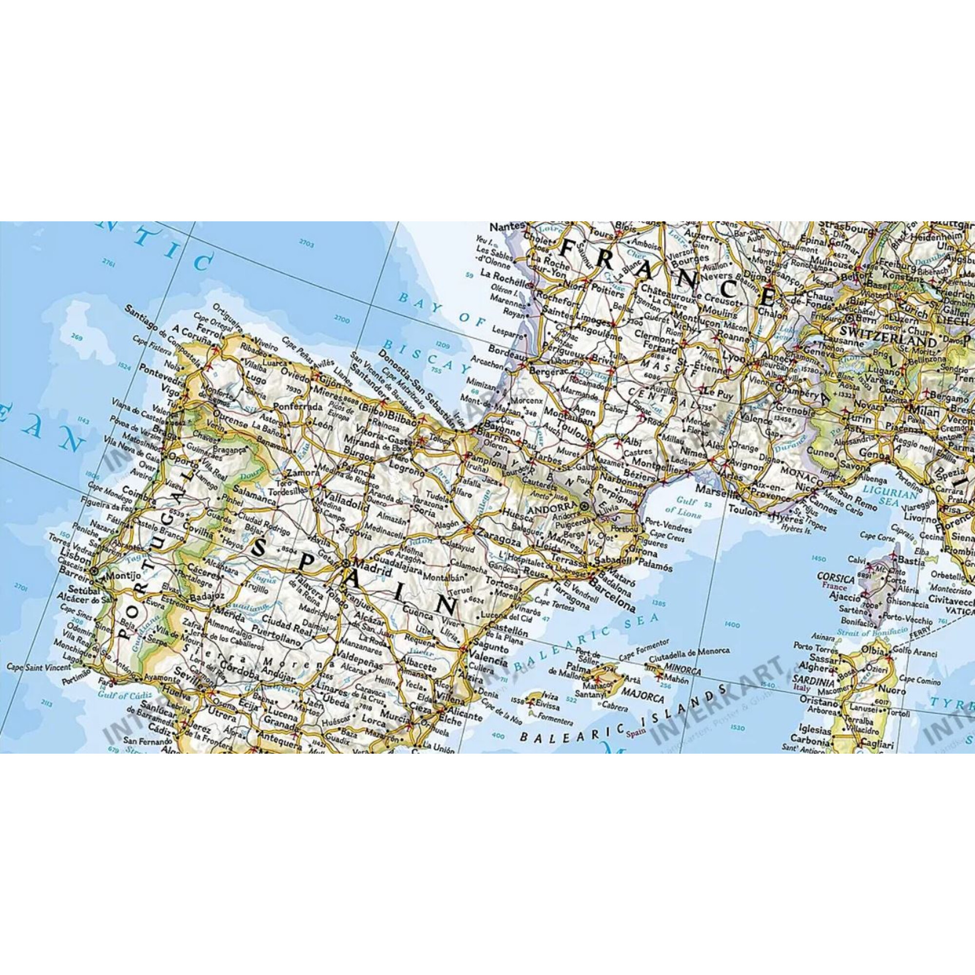 Karte von Westeuropa, Spanien, Portugal, Frankreich, Italien und der Schweiz mit Städten und Gewässern.