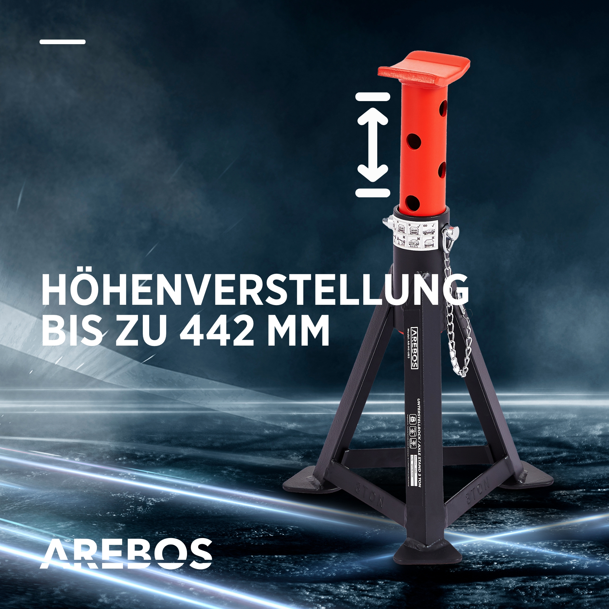Ein roter Wagenheber mit schwarzem Ständer, die Höhenverstellung bis 442mm