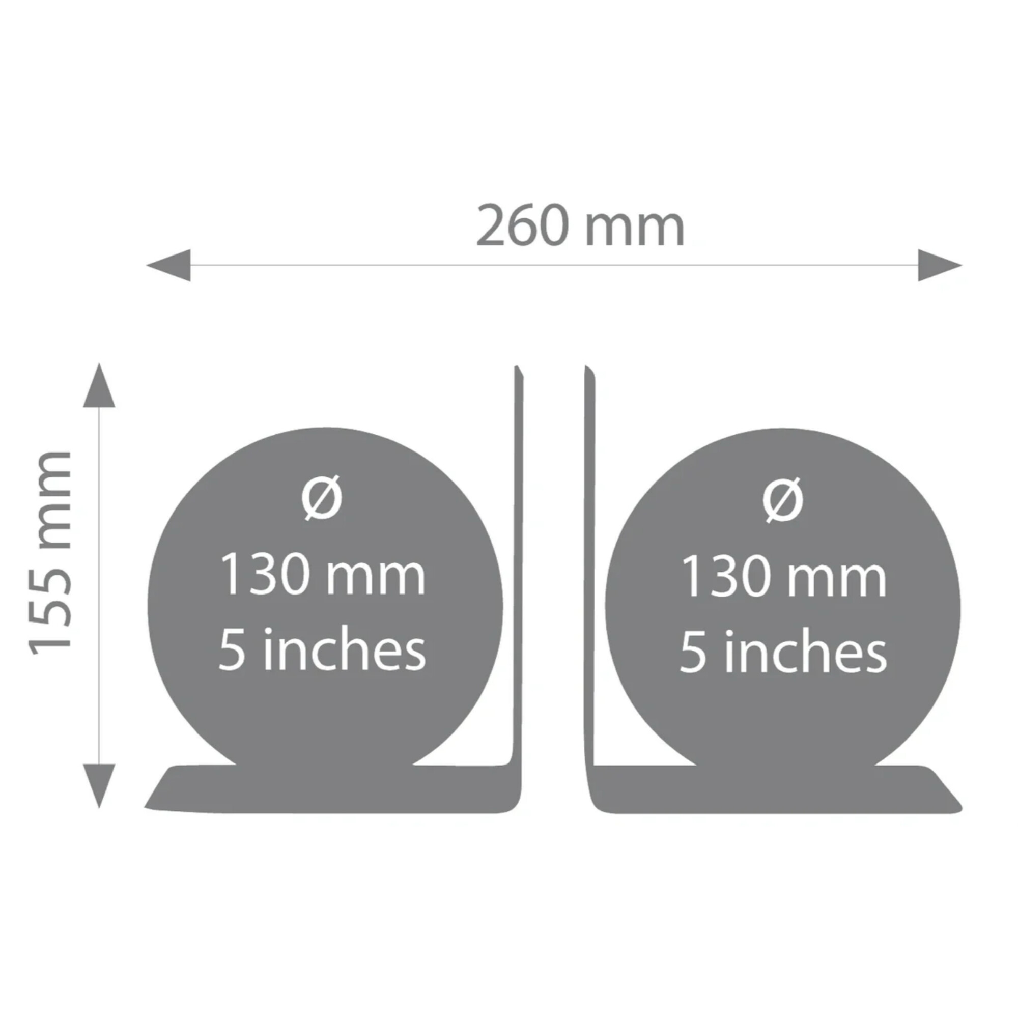 Graue Maße für zwei runde Objekte mit Angabe von 130 mm und 5 Zoll Durchmesser.