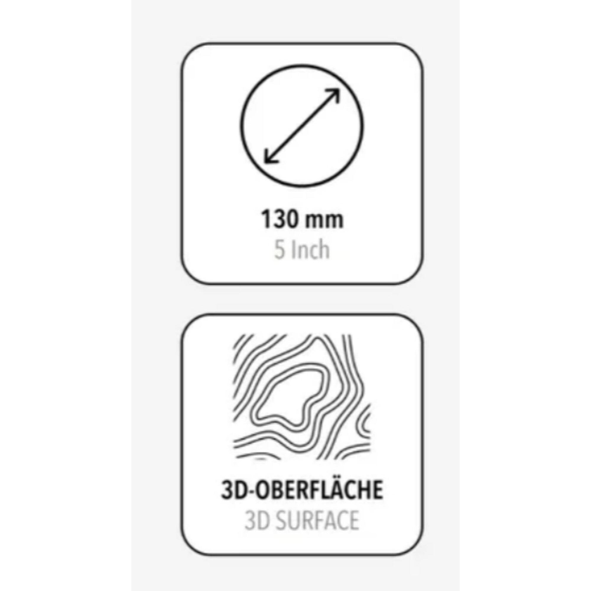 Symbol für 130 mm/5 Zoll und 3D-Oberfläche mit Wellenlinien.