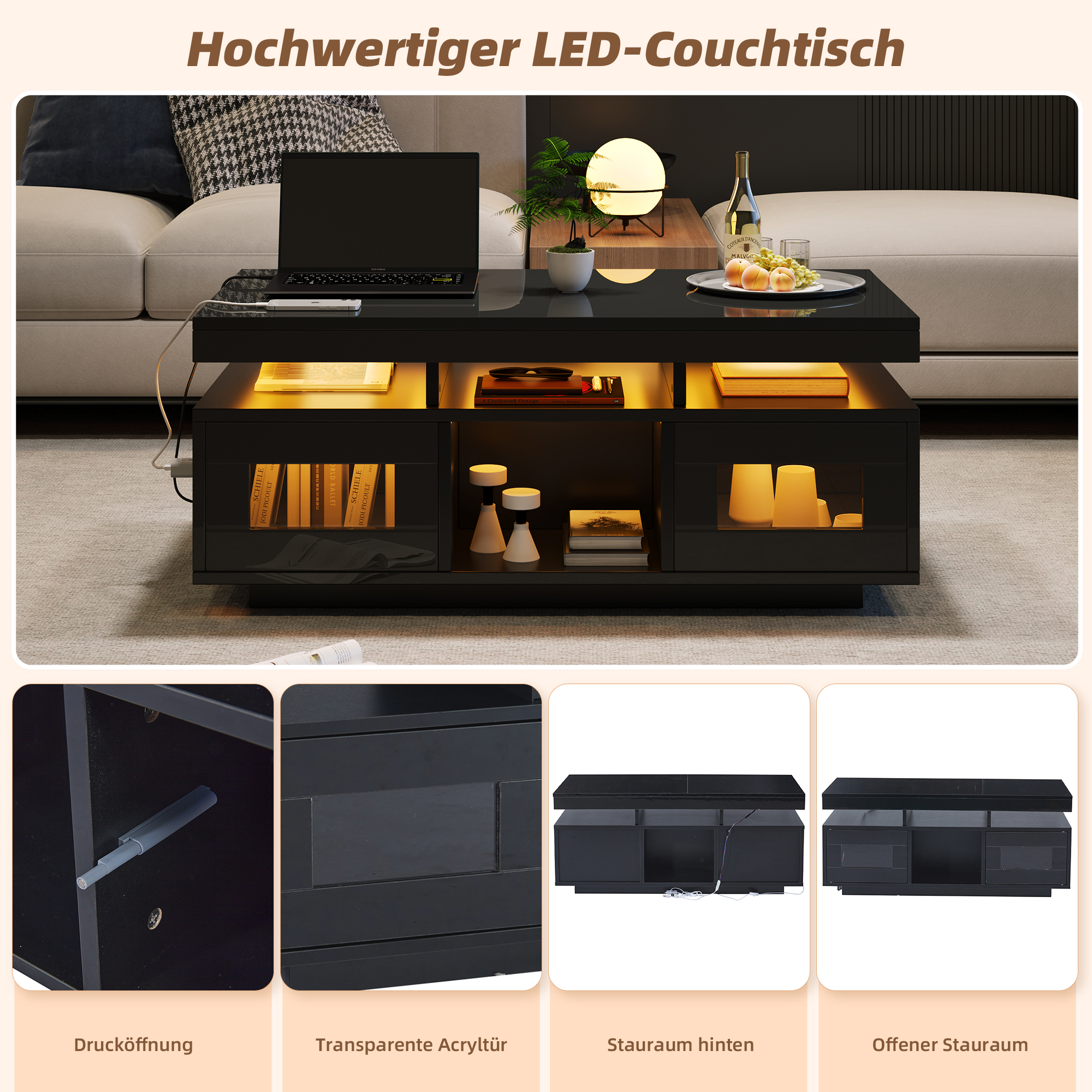 Moderner schwarzer Couchtisch mit LED-Beleuchtung, Laptop, Lampe und Früchten.