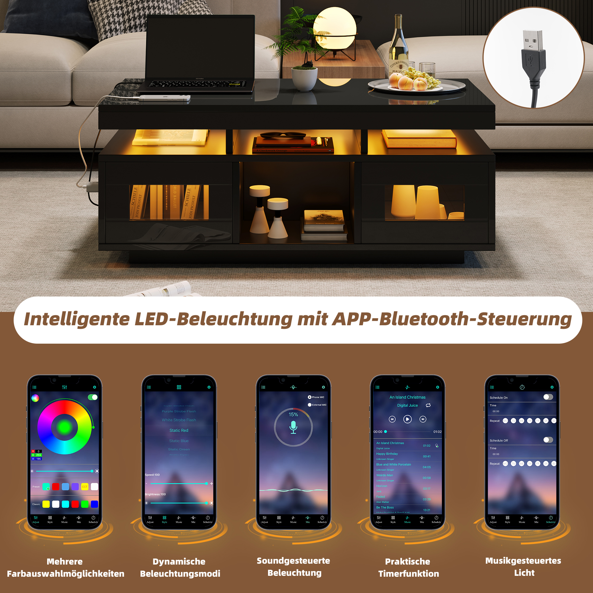Modernes schwarzes Wohnzimmermöbel mit Laptop, Lampe, Obst und App-Steuerung.