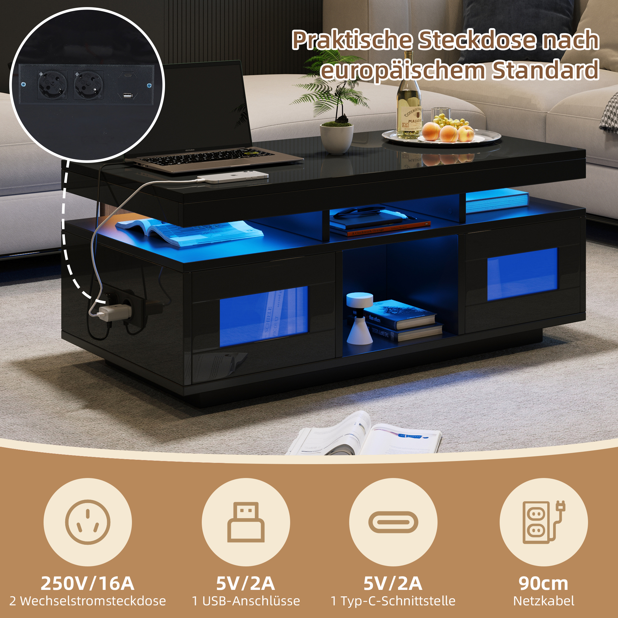 Moderner schwarzer Couchtisch mit integrierten Steckdosen, USB-Anschlüssen und blauer LED-Beleuchtung.