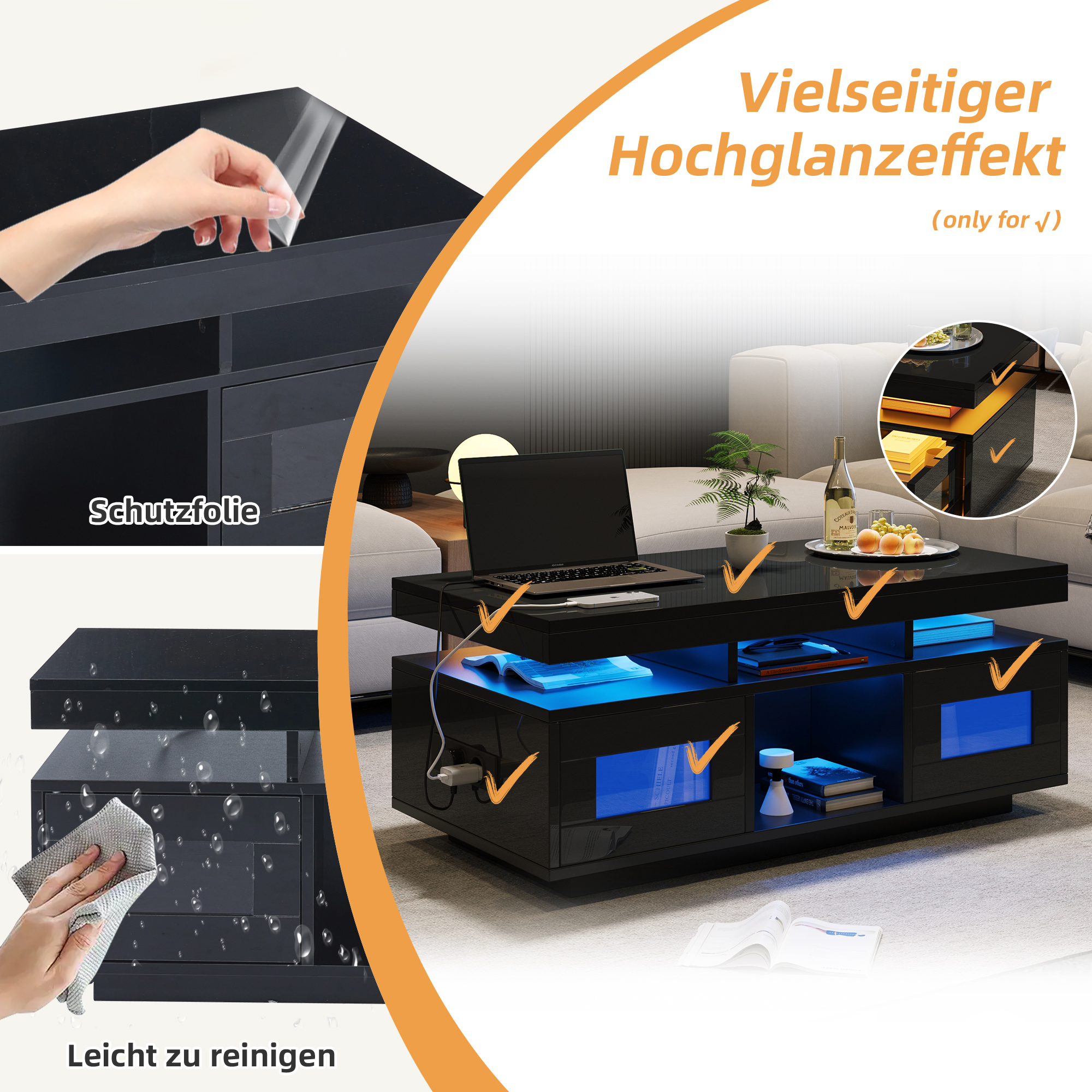 Schwarzer Couchtisch mit LED-Beleuchtung, Laptop und Büchern.